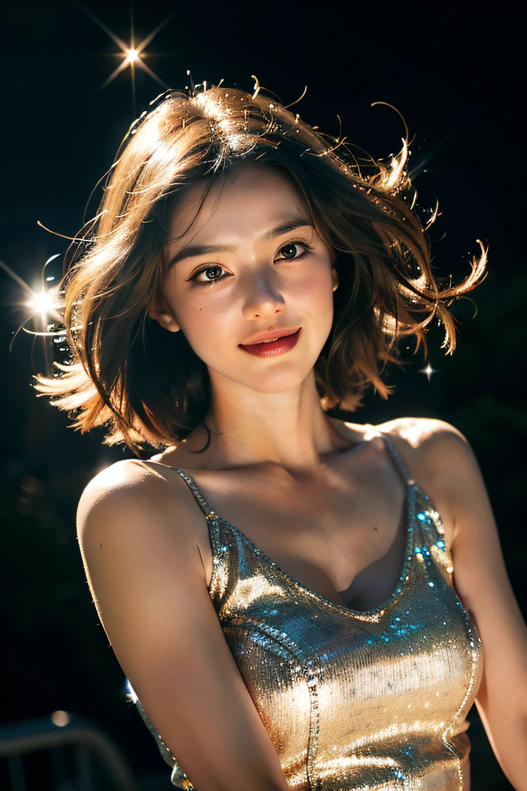 1girl in, Smile, Iridescence, Dramatic Angle, spaces, (floating colorful sparkles:1.3), Dramatic Lighting, Chiaroscuro, evocative depth