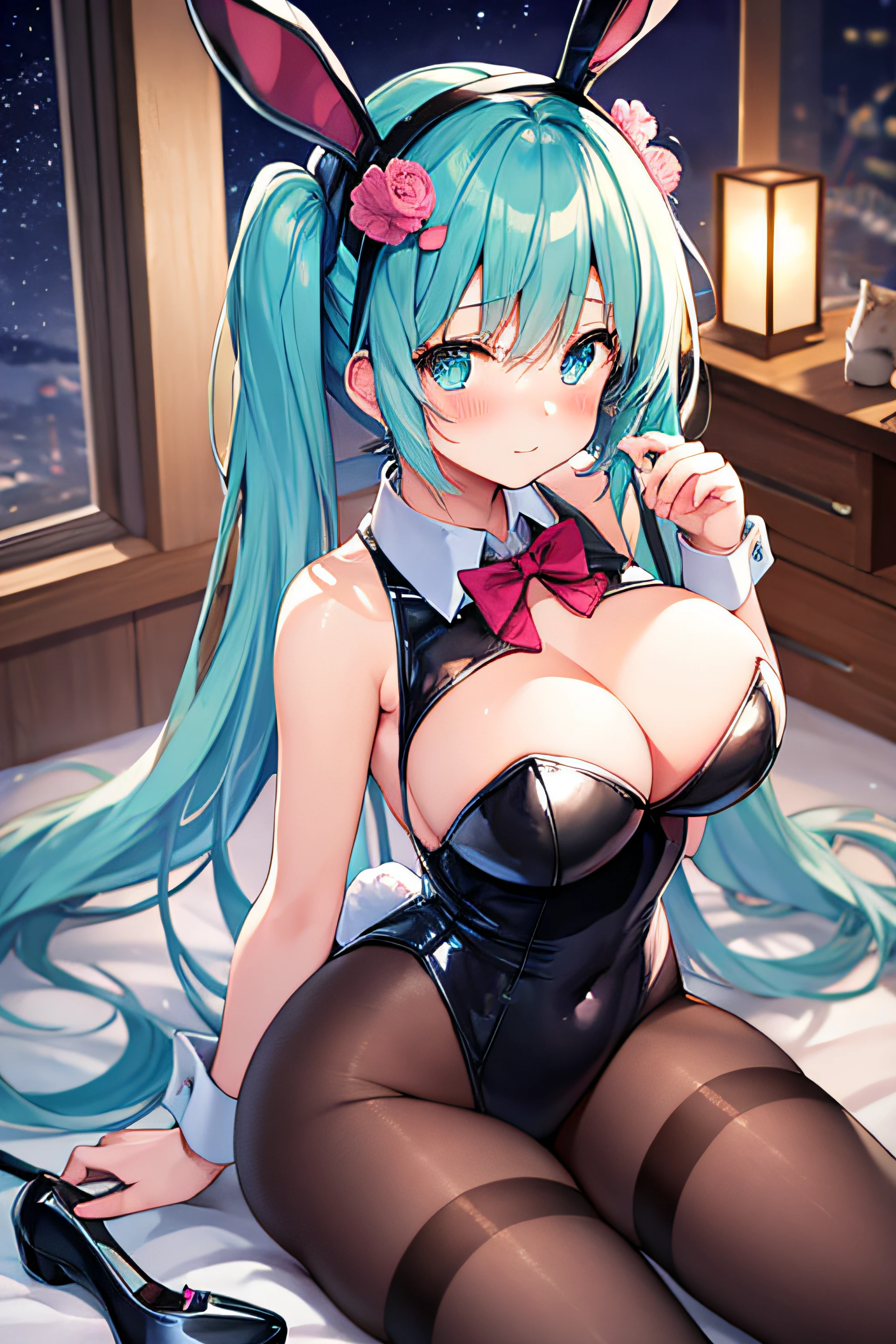 ​masterpiece、Top image quality、超A high resolution、miku hatsune、blue hairs、Twin-tailed、Blushing、Cute and shy、Bunny Girl Costume、Wearing a rabbit ear headgear、firm breasts、well-shaped breasts、Women's Tights、Night