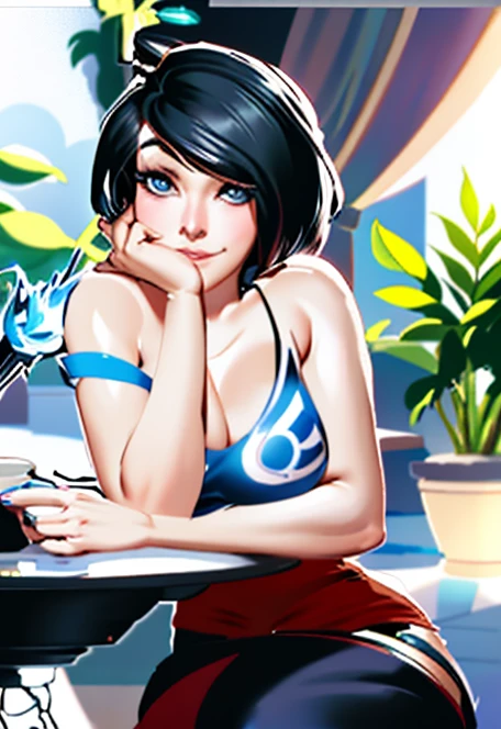 a woman sitting at a table with a laptop computer on her lap, artgerm and lois van baarle, orianna, lois van baarle and rossdraws, lovely brigitte from overwatch, style artgerm, fiora from league of legends, inspired by Lois van Baarle, faye valentine, cyborg merchant girl, artgerm style