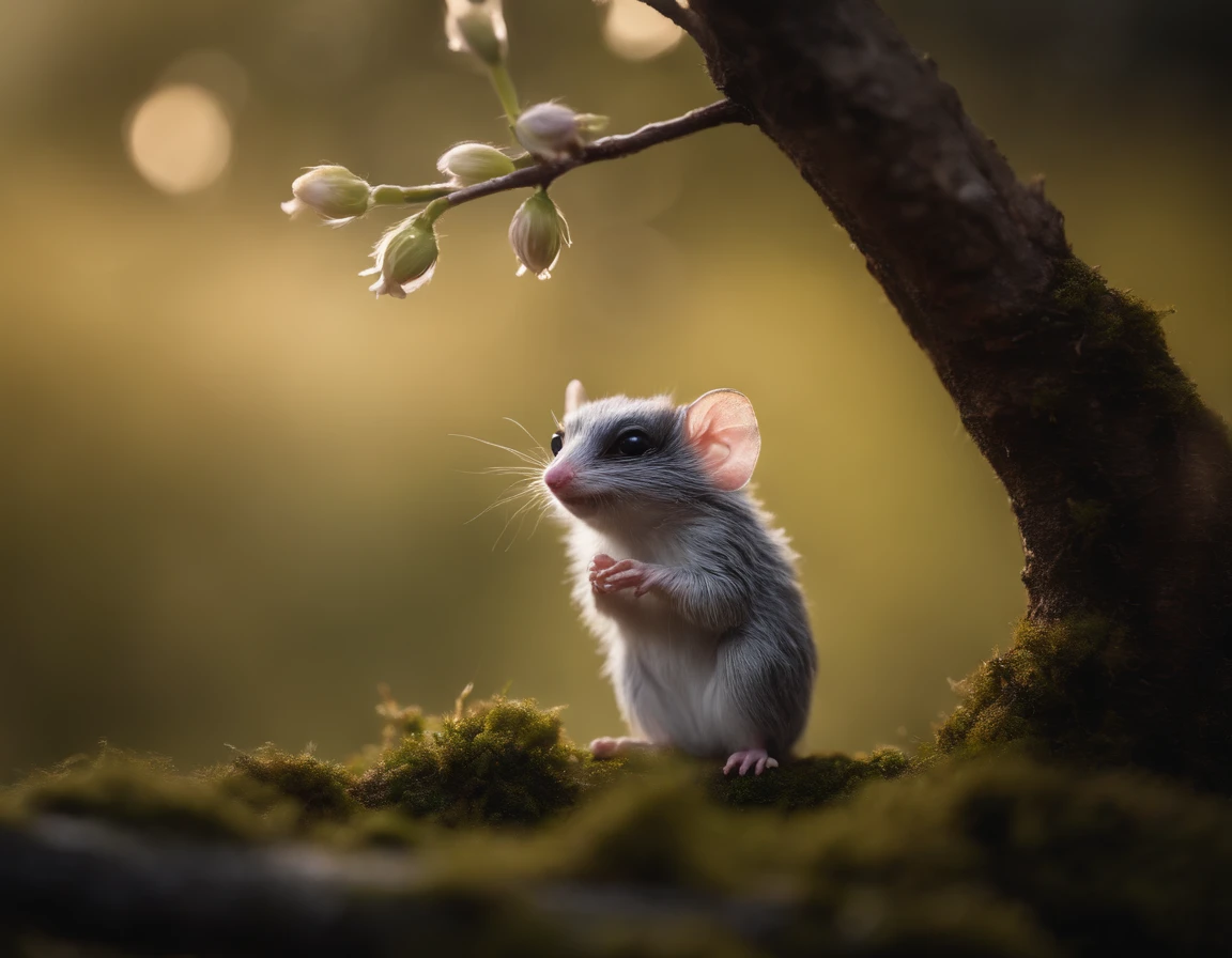 Tiny gremlin that looks like a mole, large ears, tiny tail, elongated nose, A fluffy, silver fur, silver wool, dressed in kaftan, early morning, standing on the root of a tree catching drops of luminous dew in the bud of a bell flower