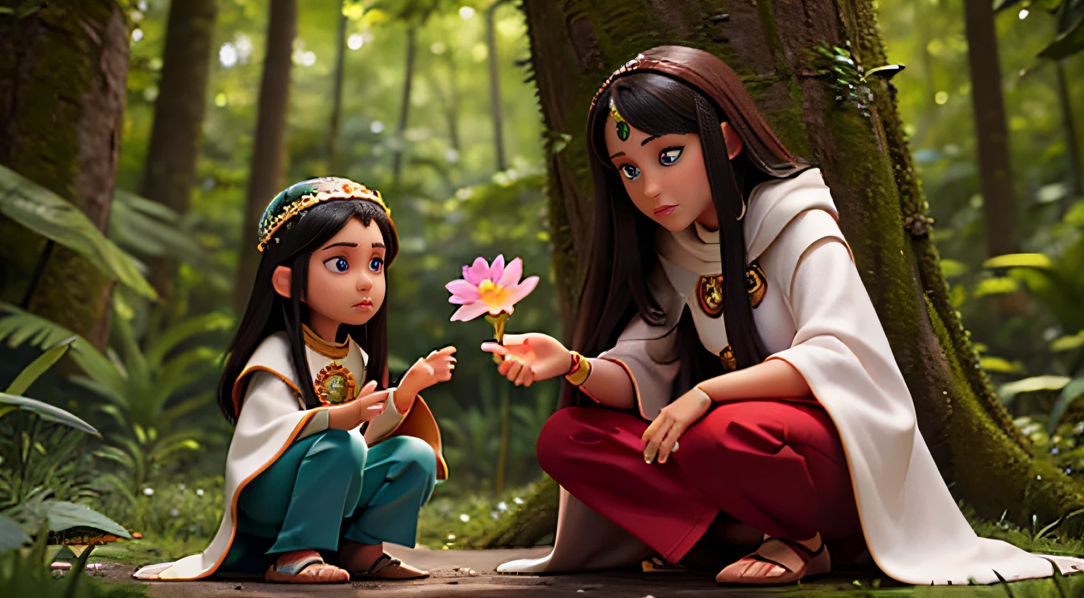 A southeast asian  princess with long dark hair in a cloak talking to a female grandmother shaman. They are both in a forest. The shaman's hands are glowing and holding a flower. 4k quality. Wide shot. High definition. Anatomically correct eyes and face. Perfect face.