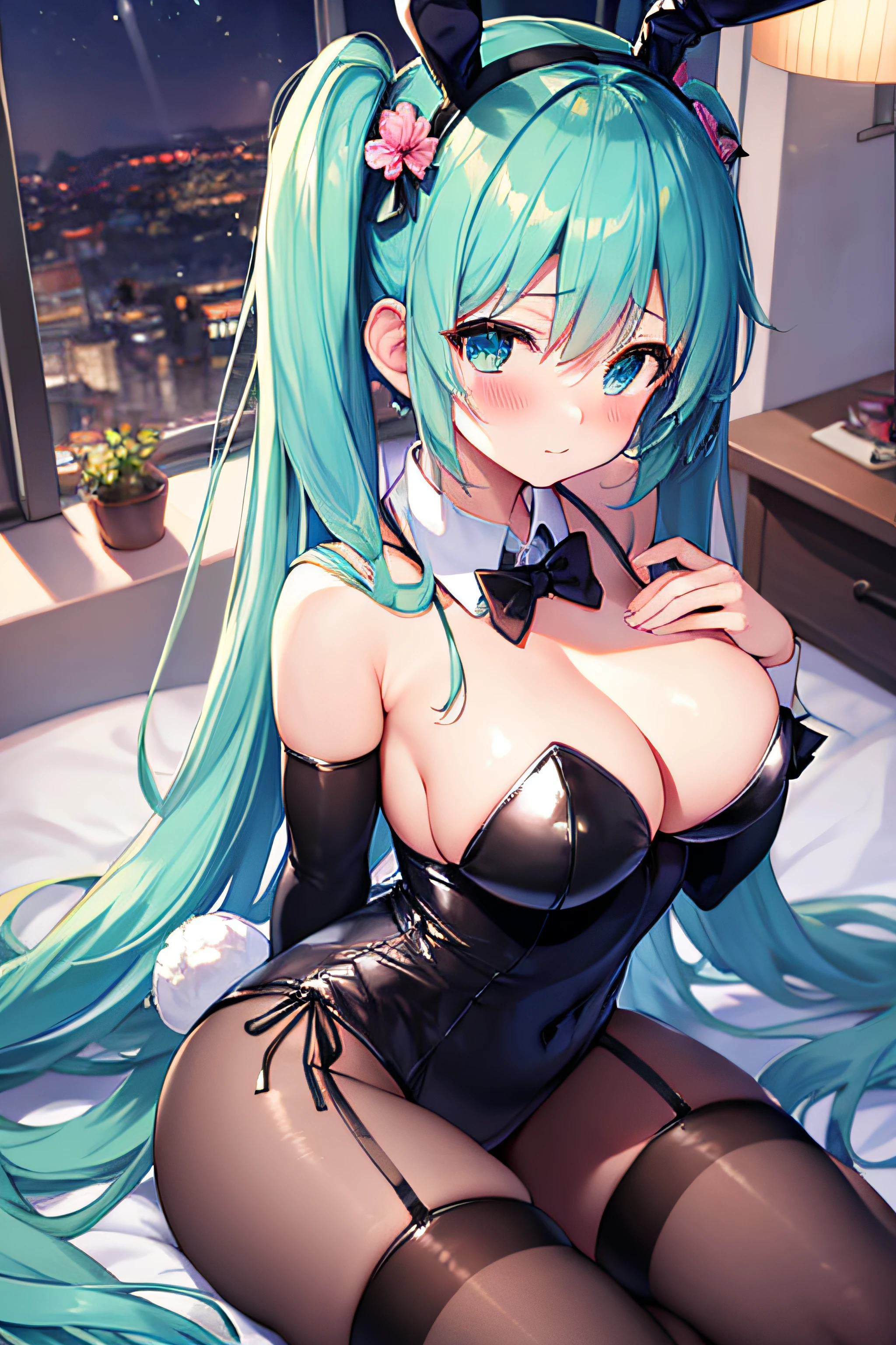masterpiece、Top image quality、超A high resolution、miku hatsune、blue hairs、Twin-tailed、Blushing、Cute and shy、Bunny Girl Costume、Wearing a rabbit ear headgear、firm breasts、well-shaped breasts、Women's Tights、Night