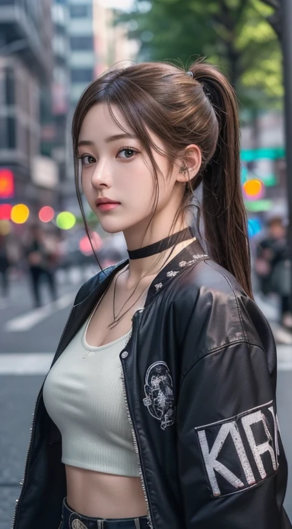 Photorealistic, masutepiece, Best Quality, Raw photo, 1girl in, Solo, poneyTail, Brown hair, Detailed face, alluring face, 、Punk rock fashion、耳环、a choker、Open jacket、croptop, medium breasts, Dynamic Pose, Looking at Viewer, From below, Detailed background, fine detailed, intricate detailes, Ray tracing, depth of fields, lowkey, nffsw、In the street、