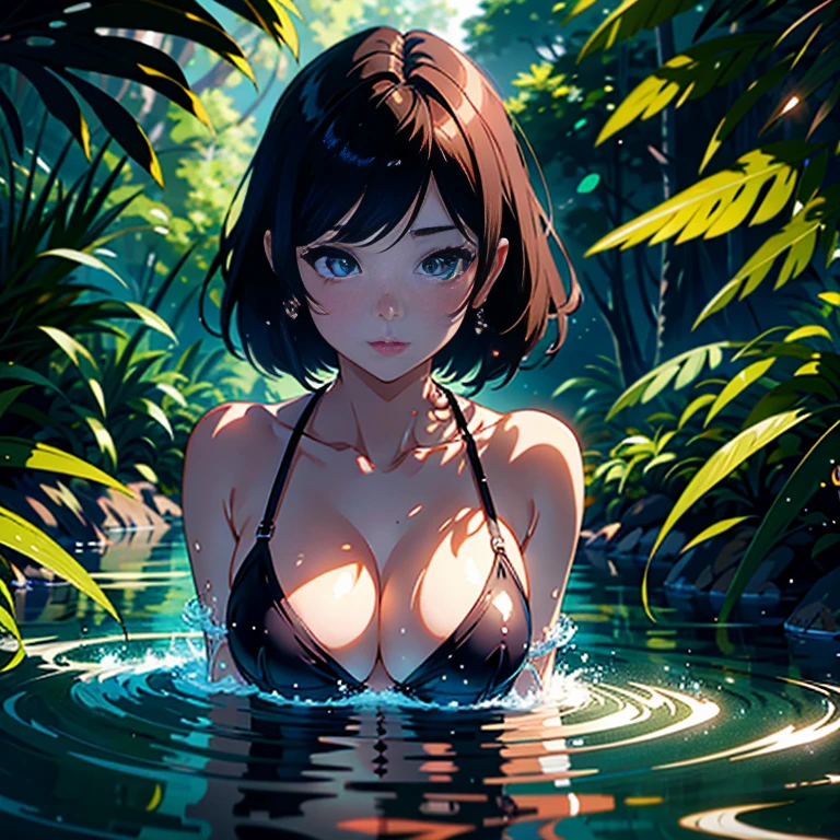 The tree々Anime girl in a bikini in a river surrounded by、((Detailed depiction of a beautiful face))、A dark-haired、full body Esbian、in jungle、light Particle, llight rays, Wallpaper、top-quality、​masterpiece、超A high resolution、 [ 4 k digital art ]!!,  8k high quality detailed art、digital anime illustration, Seductive Anime Girl, digital anime art, tithi luadthong, Detailed Digital Anime Art, deviantart artstation cgscosiety, ilya kuvshinov landscape, Smooth Anime CG Art,