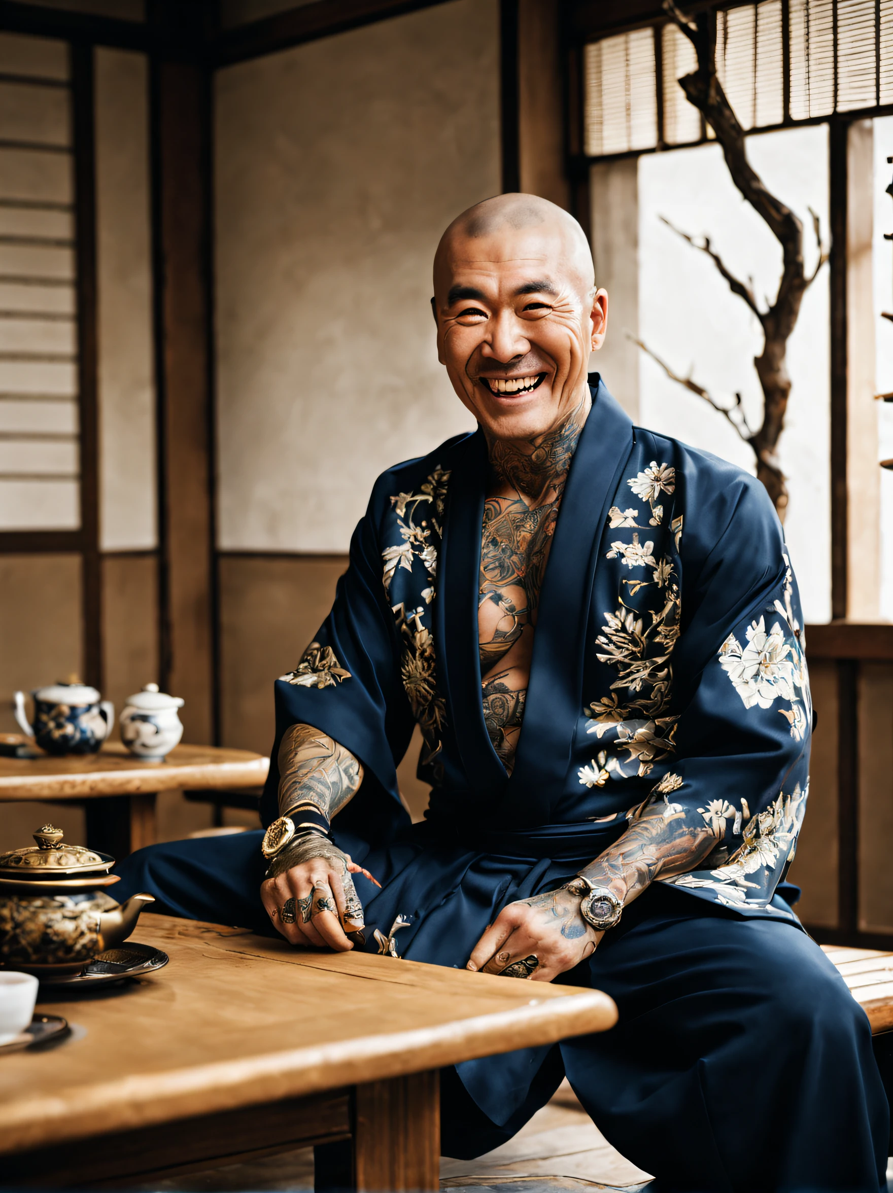 create an image of a japanese male mafia boss, violent, brutal, fierce, intimidating, irezumi tattoos, man wearing japanese navy traditional clothes, no hair, big smile, funny, goden accessories, rolex, ryokan, there are dead branches on the long wooden bench, tea set, japanese elegant and simple small white ceramic tea set, zen elements, elegant and high-end effect, make it look textured, (full body). 70's movie style, vintage color film, (18mm lens, wide angle: 1.3)