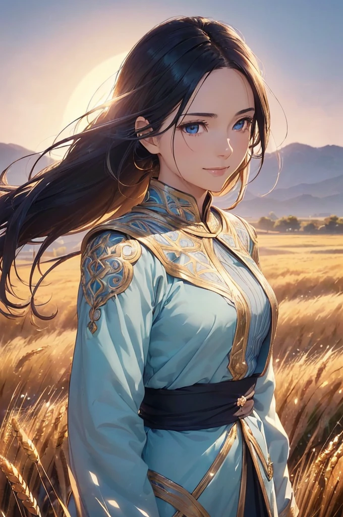 A beautiful woman, (((1 girl, solo, running, (wheat field), turning around, blue eyes, long blue dress, middle ages, medieval outfit, long sleeves sunset, light from behind, shadow on the figure, smile, laughter, (blue sky), against the background of wheat, standing in the distance, looking at the viewer, full-length
, elegance under the sun, movement motion, image look alive))), ((perfect body figure, beautiful face, beautiful face, milf, age 46, royal, blazing black color hair, ponytail hair style, beautiful skin, Extremely details hair, fine details)), (((cinematic lighting, beautiful lighting effect, creative design, full body frame, divine aura, hard harmony , shining light, perfect color transition, perfect balance of contrast, perfect color layer, perfectly smooth color blur, soft rendering, smooth color stroke, moon glare, optic lens, moonlight ray, soft colors, smooth colors blend, perfect color rendering, harmony, perfect color harmony, beautiful color, soft harmony, light particles, perfect details, intricate details, color prism, fine details, refine details, intricate armor details, fine armor, smooth clothes texture))), Tachibana Omina art style, affectionate eyes, half a smile, slightly open mouth, a gentle expression on his face, serene scenery of grassland under the sun, grass floating around, calm, breeze and sunlight in the background, butterflies in the sky, realism, ((Best quality))),8k,((Masterpiece)),(Extremely refined and beautiful)