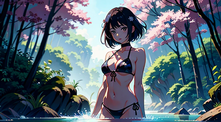 The tree々Anime girl in a bikini in a river surrounded by、((Detailed depiction of a beautiful face))、A dark-haired、full body Esbian、in jungle、light Particle, llight rays, Wallpaper、top-quality、​masterpiece、超A high resolution、 [ 4 k digital art ]!!,  8k high quality detailed art、digital anime illustration, Seductive Anime Girl, digital anime art, tithi luadthong, Detailed Digital Anime Art, deviantart artstation cgscosiety, ilya kuvshinov landscape, Smooth Anime CG Art,