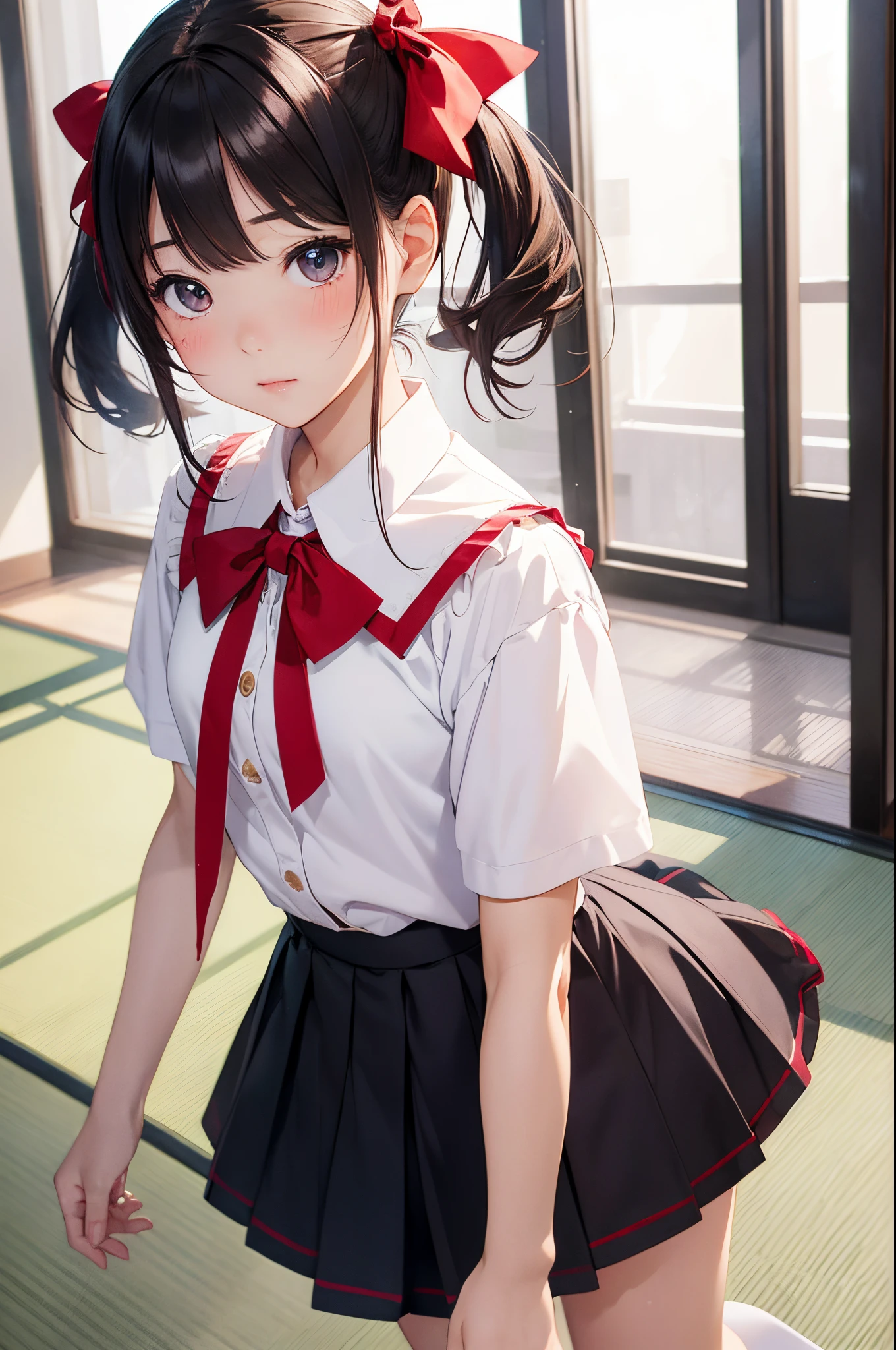 Masterpiece, Best Quality, Ultra Detailed, Illustration, Colorful, Falt Color, Depth of Field, Lens Glow, 1girl, Anime, Seated, Brown Hair, Brown Eyes, Looking at the Audience, Night, Garden, Rose, Sky Blue Hat, Witch Hat, White Short Sleeves, Sky Blue Skirt, Pleated Miniskirt, Serafuku, Detailed Skin Texture, Fine Cloth Texture, Beautiful and Meticulous Face,