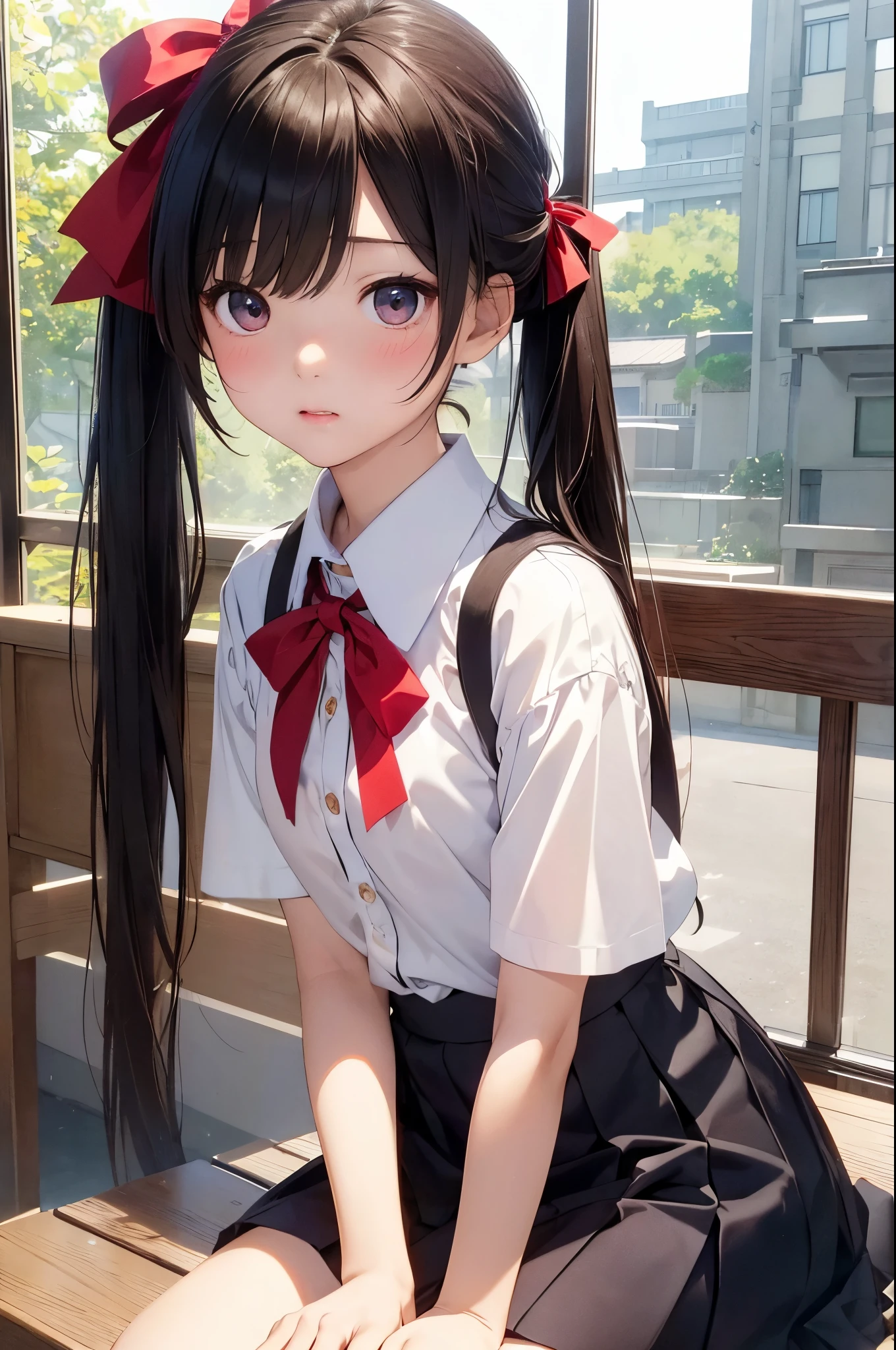 (​masterpiece、top-quality、hight resolution、photos realistic、real looking skin:1.1)、1 Japan Girl、独奏、full body Esbian、Beautiful eyes、Shining eyes、red blush、short twintails、Flowing hair、(Collared shirt with short sleeves、pleatedskirt、student clothes、bow ribbon...