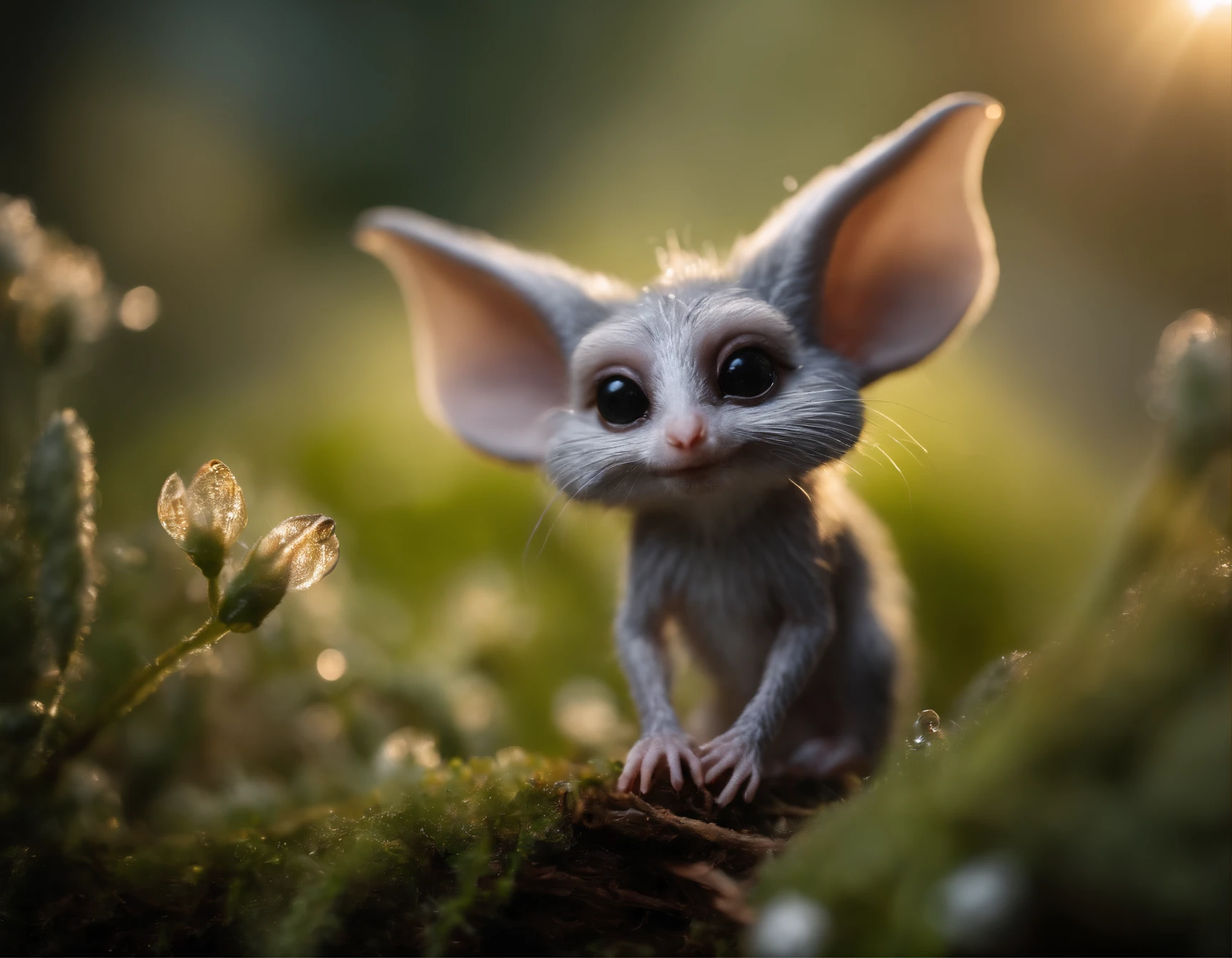Tiny gremlin that looks like a mole, large ears, tiny tail, elongated nose, A fluffy, silver fur, silver wool, dressed in kaftan, early morning, standing on the root of a tree catching drops of luminous dew in the bud of a bell flower