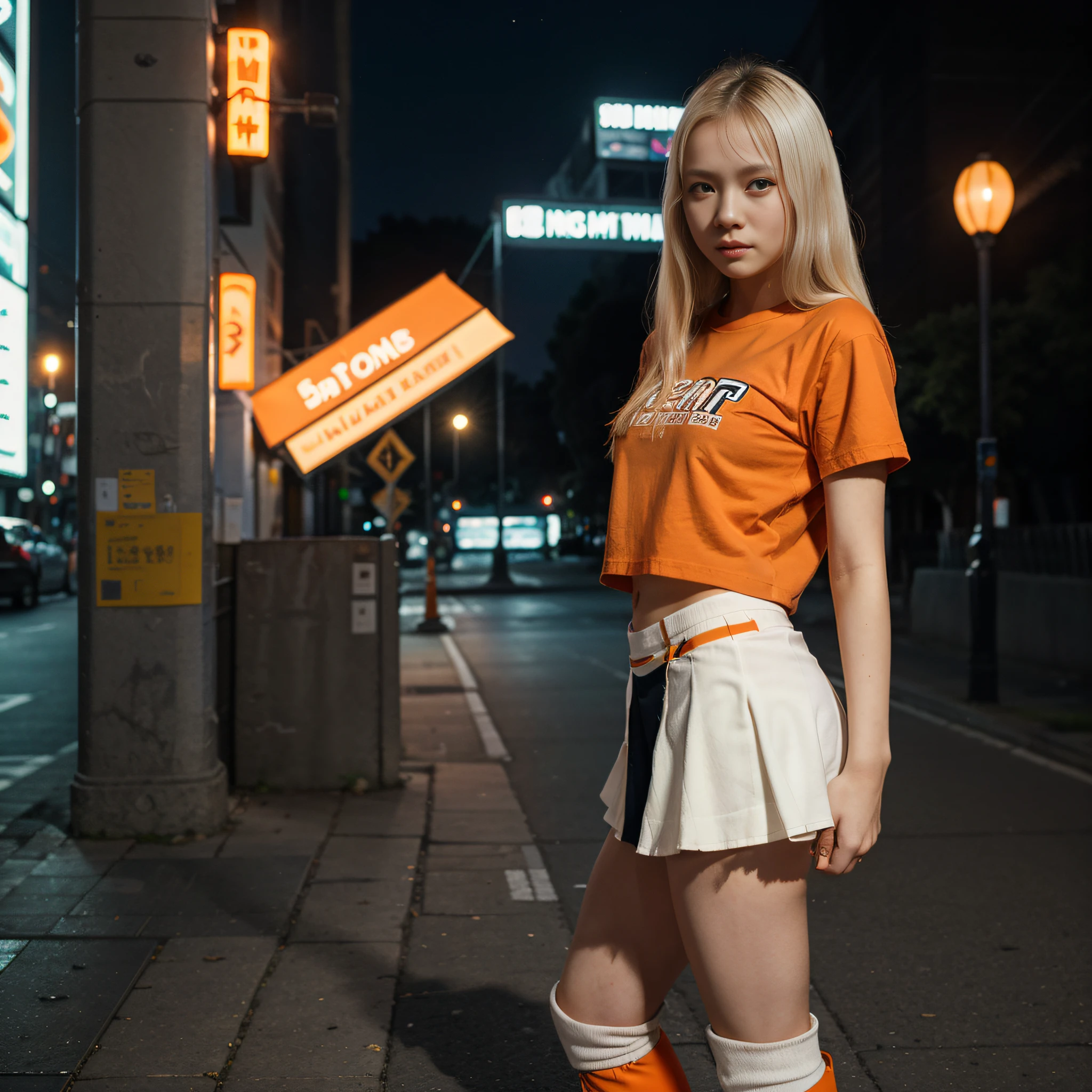 ((best quality)), ((masterpiece)), (detailed), perfect face, young girl, albino, short stature, Asian, holds her left hand on her hip, straight hair to the hip, white sports skirt, orange T-shirt, white and orange boots, night city
