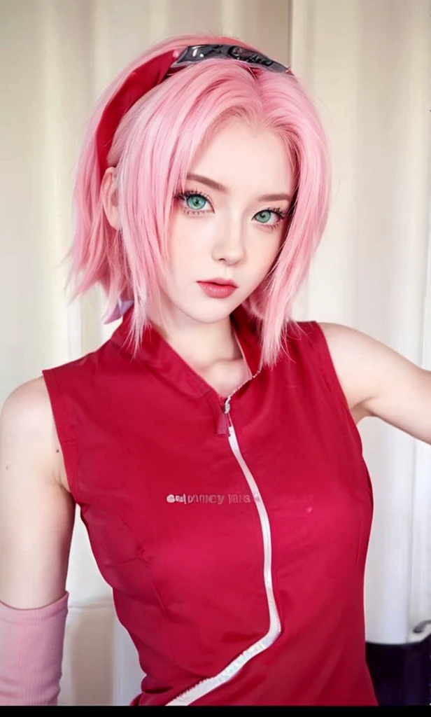 young woman, porcelain skin, long bubblegum pink hair, big pink lips, big emerald green eyes, pink eyebrows, red clothes, Sakura Haruno, 3d, realism, 8k