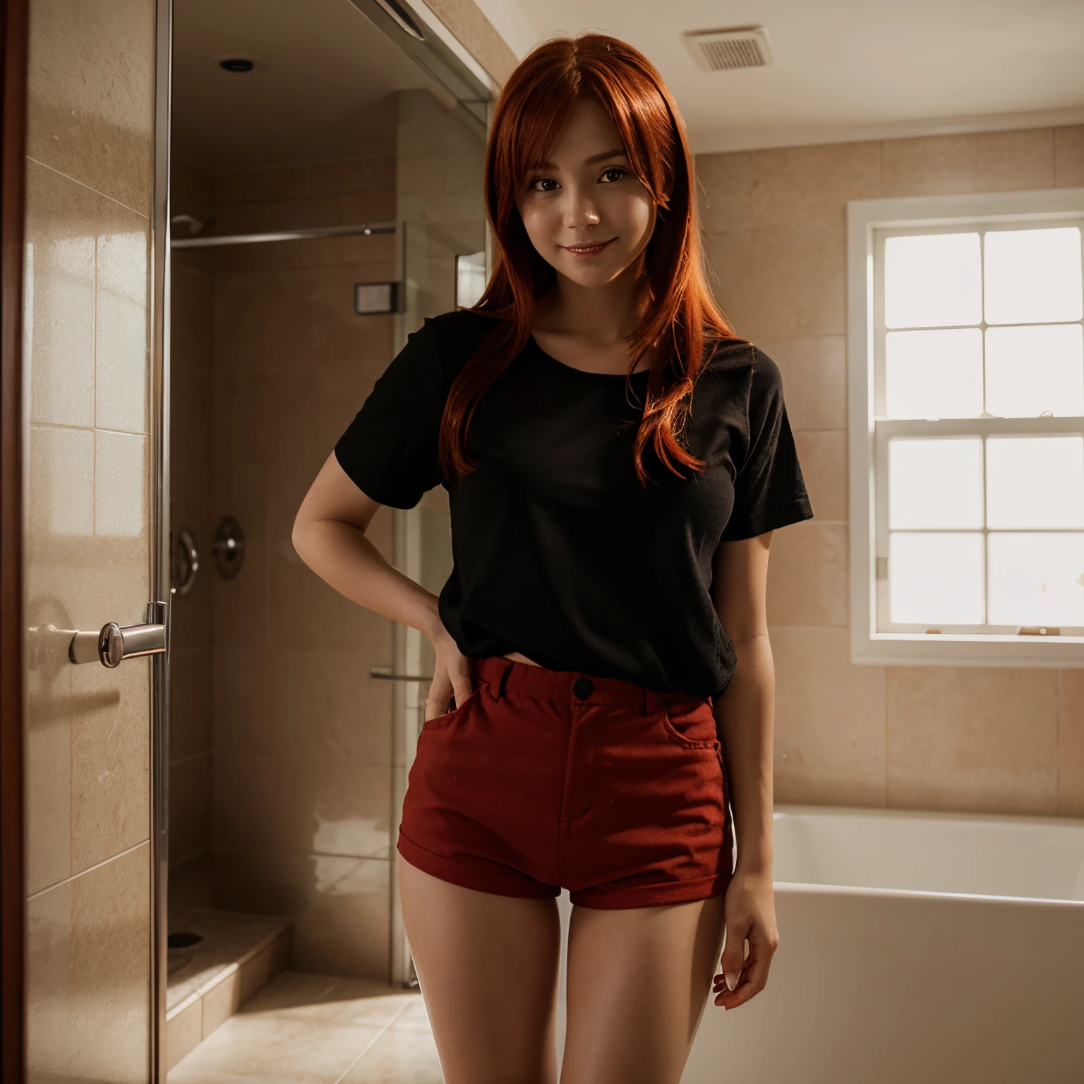 Redhead anime girl in short red shorts and black plush standing inside the bathroom with a small smile closed at the corner of her mouth