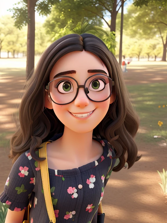 smiling girl with glasses and a yellow bag in a park, girl wearing round glasses, em frente a um fundo de floresta, Alanis Guillen, girl with glasses, mid portrait, Violeta Myers, estudante, wearing small round glasses, Malika Favre, retrato frontal, imagem retrato, Directed by: Samuel Silva, mid portrait, Retrato no meio da foto, Directed by: Emerson Silva