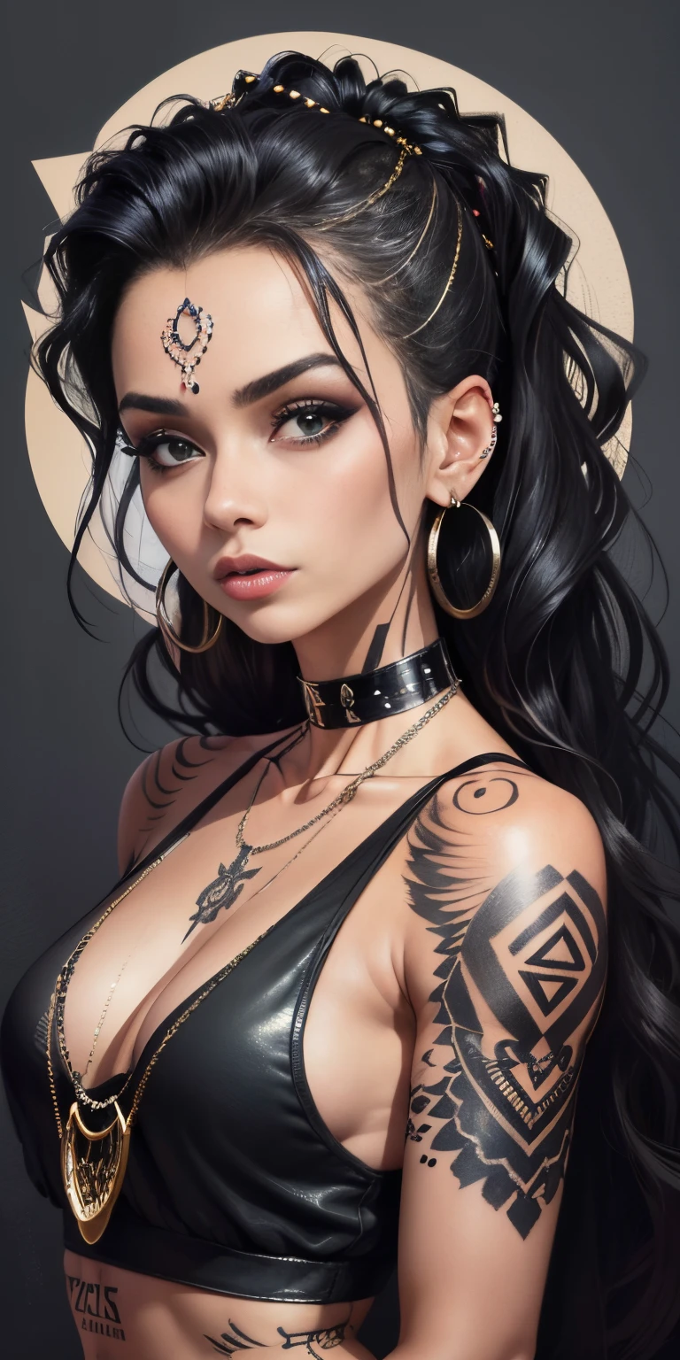 araffe tattooed woman with a black top and a chain around her neck, she is wearing a black tank top, looks like fabiula nascimento, malika favre, wearing intricate black choker, she is wearing streetwear, piercings collar, tattooed, style of flavie audi, neck tattoos, wearing black choker, wearing gold detailed choker