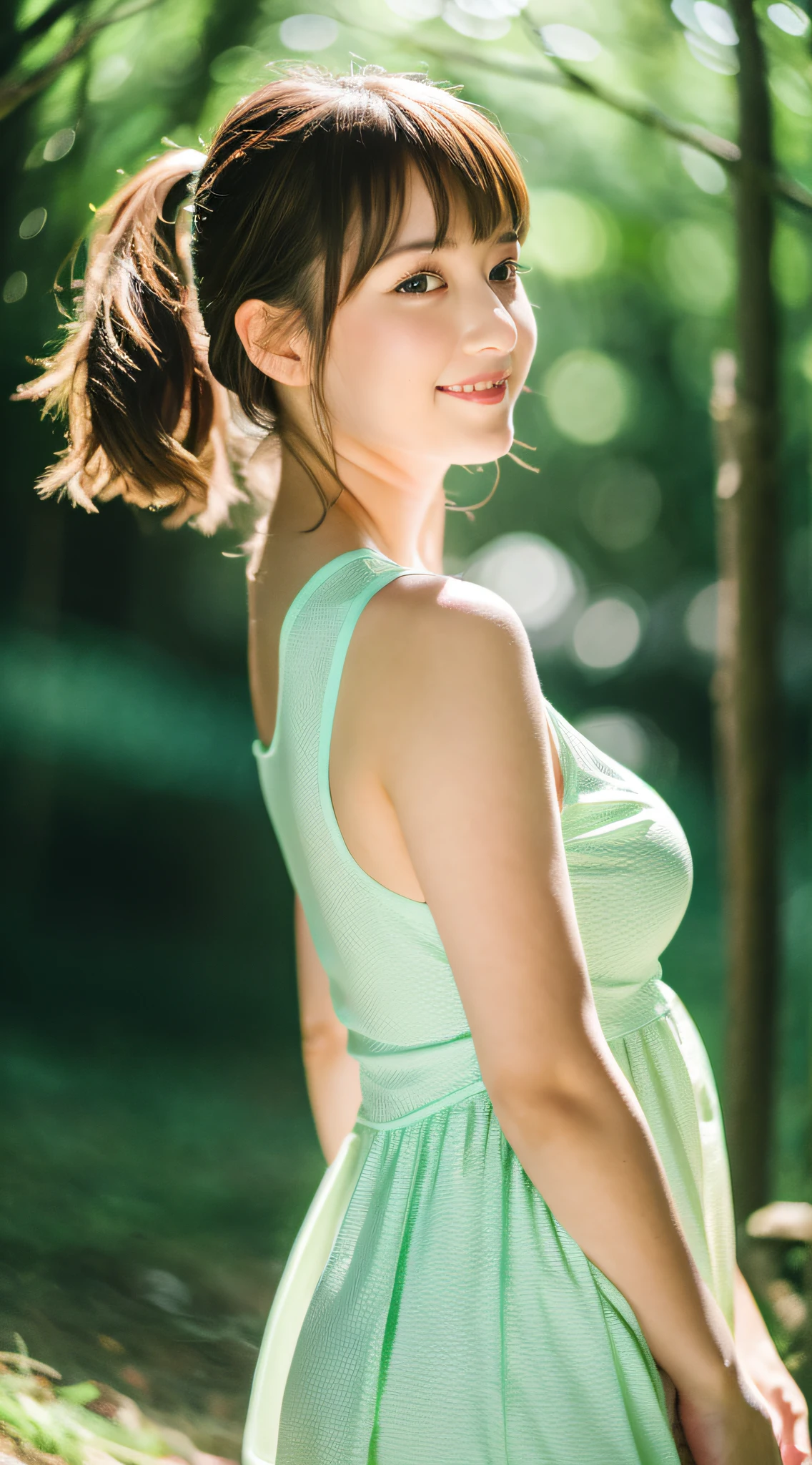 tmasterpiece, Best quality at best, 8K, 1 girl, Cute girl in Japan, in summer, at a forest, small stream, Out of focus, Number 18, Large breasts,Half open eyes, Cute little turtle, Alone, Mouth closed, ssmile, summer outfit, girlish, Delicate girl, clean and beautiful, RAW photogr, professional photoshooting, sporty attire, gentlesoftlighting, profesional lighting, The light from the rear window is backlit, Upper part of the body, different perspectives, Complex, filmgrain, (Eye and facial details:1.0), Short hair swaying in the wind, Beautiful flowing brown hair,