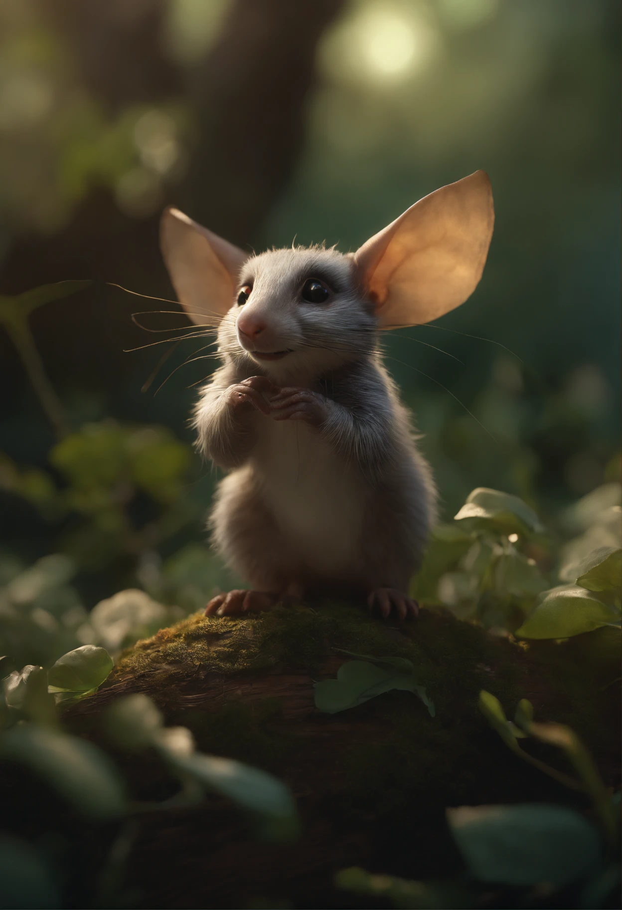 真实感, Realism, Close up of cute tiny fireflies around a huge oak tree, in the foreground collects bells, the buds glow, illuminate the bush, a detailed painting, cgsociety, Detailed painting, artstation hd, high detail, cgsociety, photo realism, Concept art, artstation hd, official arts, bokeh , ,Little gremlin, mole-like, large ears, tiny tail, elongated nose,,, A fluffy, silver fur, silver wool, dressed in kaftan, early morning, I stand on the root of a tree and catch drops of luminous dew in a bell bud, In the cave,Small male goblins are mole-like with large ears and an elongated snout., , 真实感, Realism, Close up of cute tiny fireflies around a huge oak tree, in the foreground collects bells, the buds glow, illuminate the bush, a detailed painting, cgsociety, Detailed painting, artstation hd, high detail, cgsociety, photo realism, Concept art, artstation hd, official arts, bokeh ,(CBZBB:1.25),trending artstation, Digital Art, Detailed, Realistic, humanoid, character, tiny, Cinematic shot, cinematic portrait of a mole ,gremlin, mole-like, bright silver and brown, short tail, large ears, covered with silver fur, Dressed,