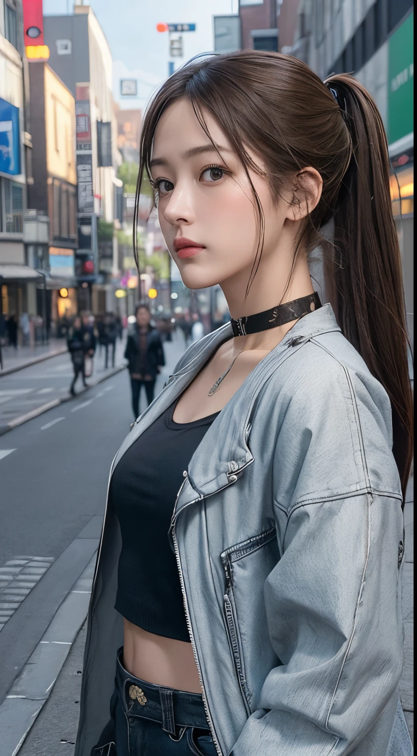Photorealistic, masutepiece, Best Quality, Raw photo, 1girl in, Solo, poneyTail, Brown hair, Detailed face, alluring face, 、Punk rock fashion、耳环、a choker、Open jacket、croptop, medium breasts, Dynamic Pose, Looking at Viewer, From below, Detailed background, fine detailed, intricate detailes, Ray tracing, depth of fields, lowkey, nffsw、In the street、