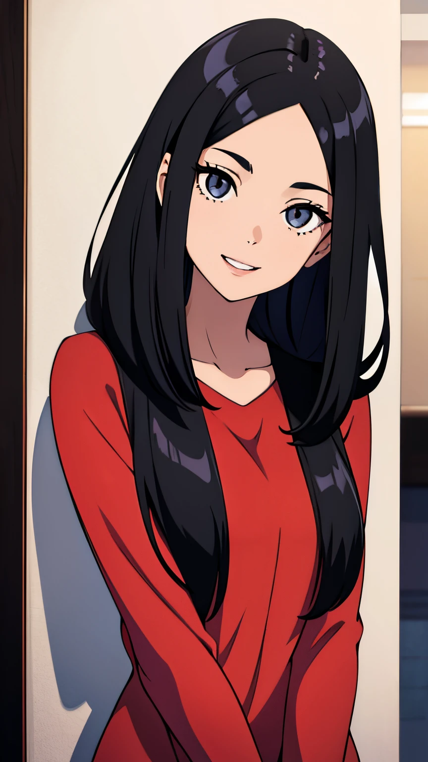 One girl with black hair, hair lenght until bust, straight hair, hair parted in center of head, round face. hairstyle with a center part, that the hair should be parted down the middle, creating a symmetrical look without any frontal hair covering the forehead. Looking straight, looking at viewer. Smiling. Solo, one girl. Looking straight, straight. Straight pose.