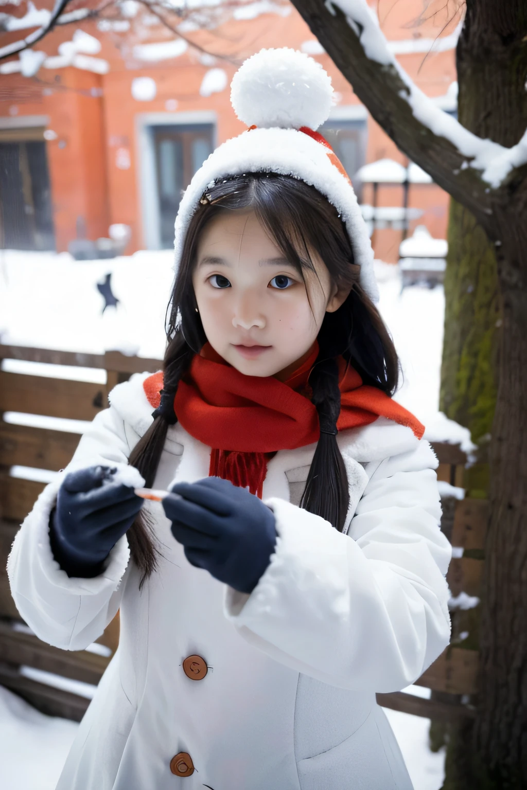 In a courtyard house in Beijing，A girl in red is making a snowman in the yard，The snowman has hands made of branches glued to his sides.&#39;body.，There&#39;s a carrot stuck in my nose，A blue scarf is wrapped around his neck，The eyes are two black stones，A black rabbit is giving carrots to the girl&#39;the feet。