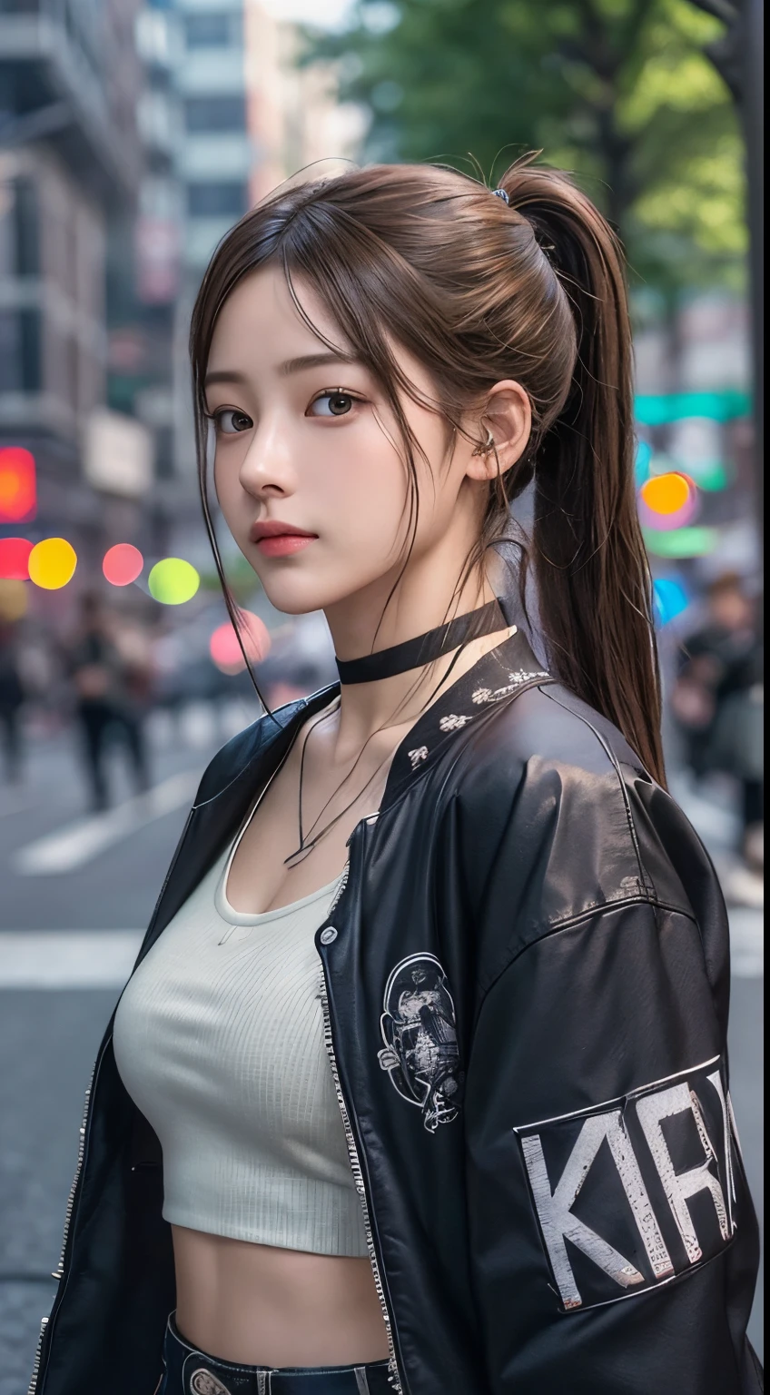 Photorealistic, masutepiece, Best Quality, Raw photo, 1girl in, Solo, poneyTail, Brown hair, Detailed face, alluring face, 、Punk rock fashion、耳环、a choker、Open jacket、croptop, medium breasts, Dynamic Pose, Looking at Viewer, From below, Detailed background, fine detailed, intricate detailes, Ray tracing, depth of fields, lowkey, nffsw、In the street、