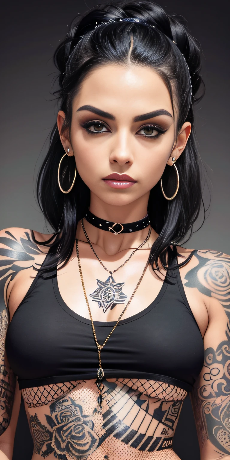 araffe tattooed woman with a black top and a chain around her neck, she is wearing a black tank top, looks like fabiula nascimento, malika favre, wearing intricate black choker, she is wearing streetwear, piercings collar, tattooed, style of flavie audi, neck tattoos, wearing black choker, wearing gold detailed choker