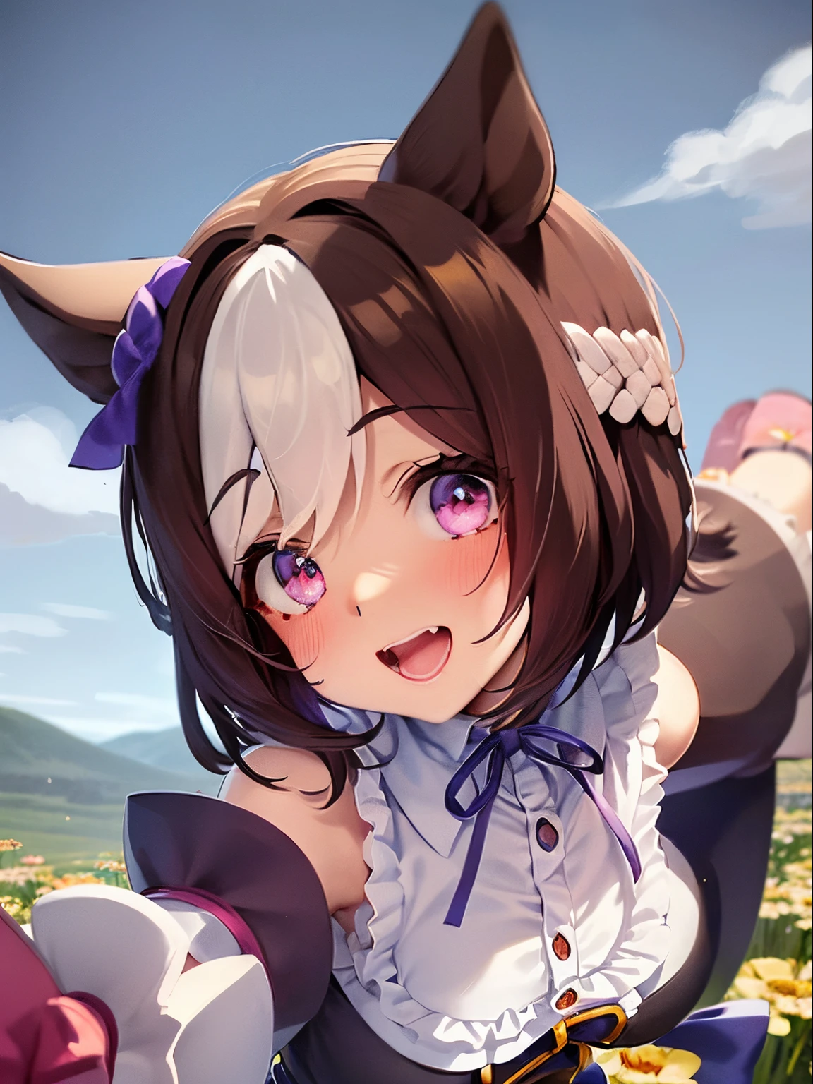 special_week_\(Umamusume)、bow ribbon、bow ribbon、bow ribbon、corsets、Fluffy breasts、nursing、toppless、teats、The upper part of the body、(Refers to the viewer:1.3)、Happiness、(meadow background:1.3), fun running poses, short-hair, (DVDRip cover:1.3)