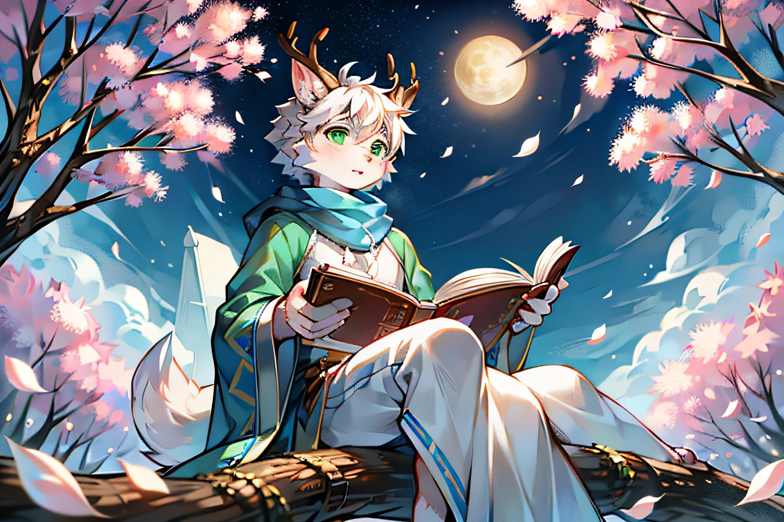 A white deer，Wearing a white robe，Blue scarf，Green-eyed，holding a book in his hands，Pear blossom tree，falling flower petals，White petals，Oyuki，He had a pen in his hand，sitting on a thick branch，natta，moon full，starrysky，stars shining bright，deer antlers，blanketed in a mantle of snow，the only person，looking at viewert