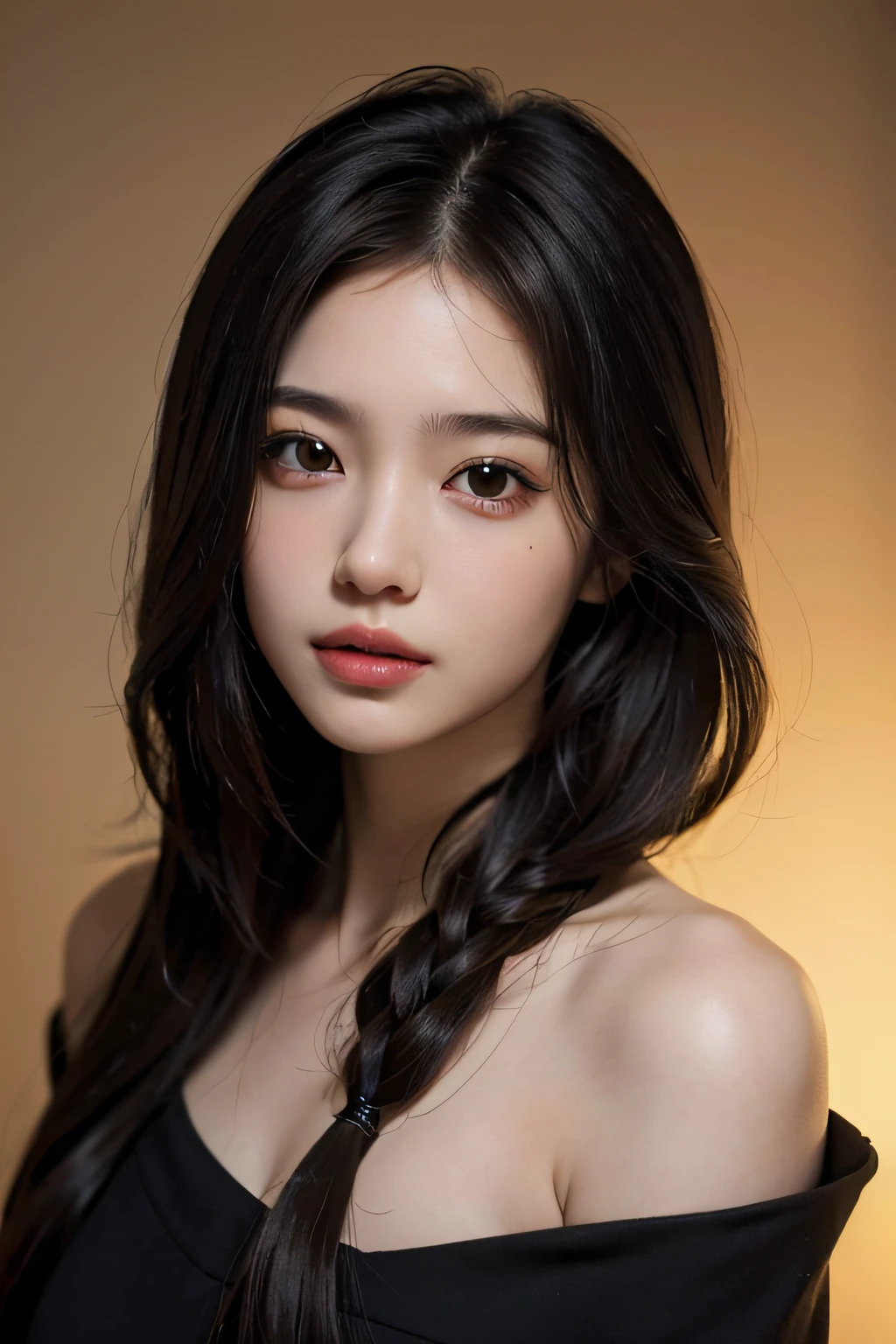 Best Quality, masutepiece, 超A high resolution, (Photorealistic:1.4), Raw photo,1girl in, Solo, Realistic, Lips, Black hair, Looking at Viewer, Black eyes, 牙, Long hair, Hair over one eye, Parted lips, Nose, close-up, Brown hair, Simple background, Brown eyes, Black Dress, off shoulders,Selfie wind, Have a smartphone