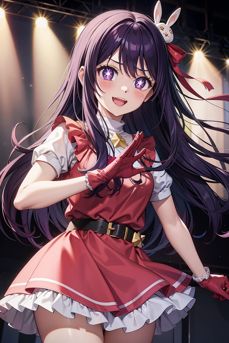 Ai Hoshino, Ai Hoshino, hair between eye, Hair Ornament, Hair Ribbon, Long hair, One side up, (Purple eyes), Purple hair, rabbit hair ornament, (star-shaped pupils:1.5), symbol-shaped pupils,Brake belt, Black belt, brooches, Dress, Pink dress, frilly dress, Ruffled gloves, frilld, gloves, heart brooch, Idol, Idol clothes, Jewelry, Pink gloves, Red Ribbon, bow ribbon, turtleneck dress,BREAK looking at viewer,Break indoors,BREAK (masutepiece:1.2), Best Quality, High resolution, Unity 8k壁纸, (Illustration:0.8), (Beautiful detailed eyes:1.6), extra detailed face, Perfect Lighting, extremely details CG, (Perfect hands, Perfect Anatomy),Smile with open mouth、Concert Venues、live house、stage、cowboy  shot