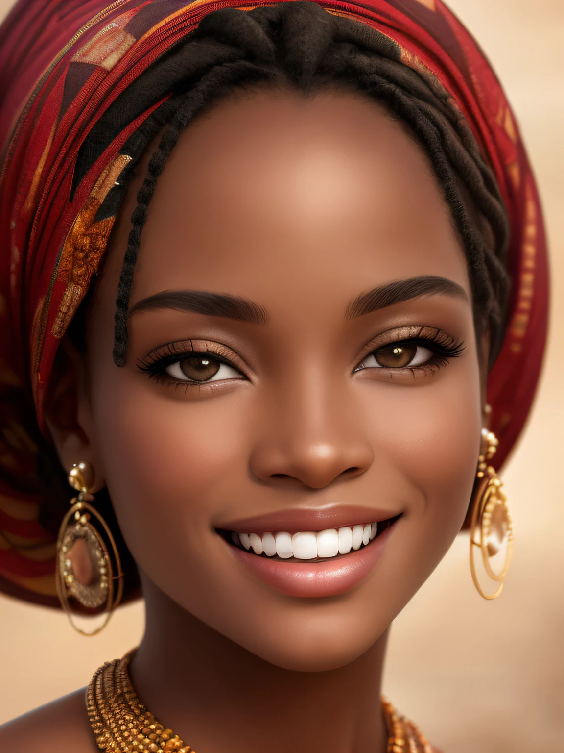 A realistic ethnic model image of Africa's most beautiful woman, ((smiling)), Photography, Portrait Style, Inspired by Fashion and Beauty Photographers, Lens: 50mm, Medium Plane, Natural Lighting, 8K Resolution