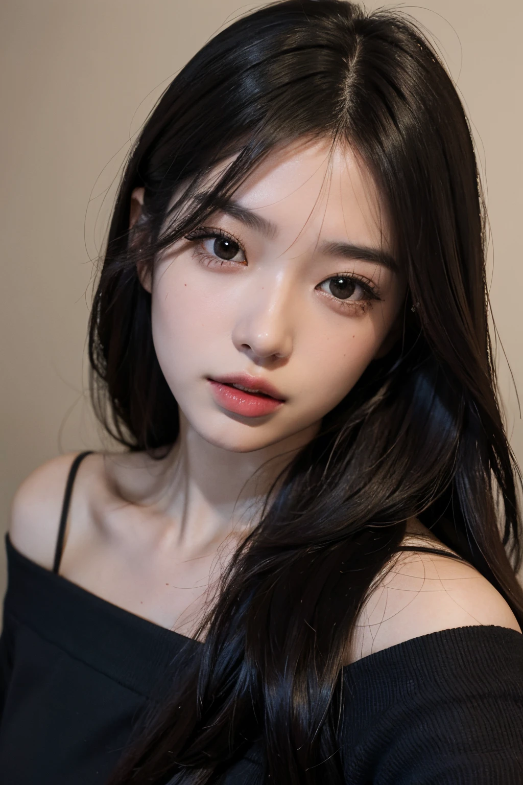 Best Quality, masutepiece, 超A high resolution, (Photorealistic:1.4), Raw photo,1girl in, Solo, Realistic, Lips, Black hair, Looking at Viewer, Black eyes, 牙, Long hair, Hair over one eye, Parted lips, Nose, close-up, Brown hair, Simple background, Brown eyes, Black Dress, off shoulders,Selfie wind, have a smartphone
