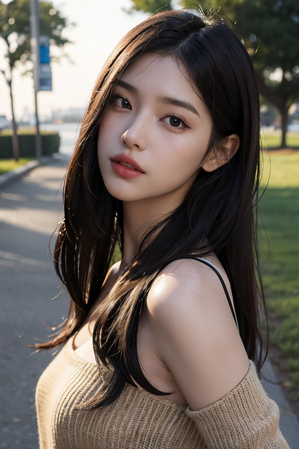 Best Quality, masutepiece, 超A high resolution, (Photorealistic:1.4), Raw photo,1girl in, Solo, Realistic, Lips, Black hair, Looking at Viewer, Black eyes, 牙, Long hair, Hair over one eye, Parted lips, Nose, close-up, Brown hair, Simple background, Brown eyes, Black Dress, off shoulders,Selfie wind, have a smartphone