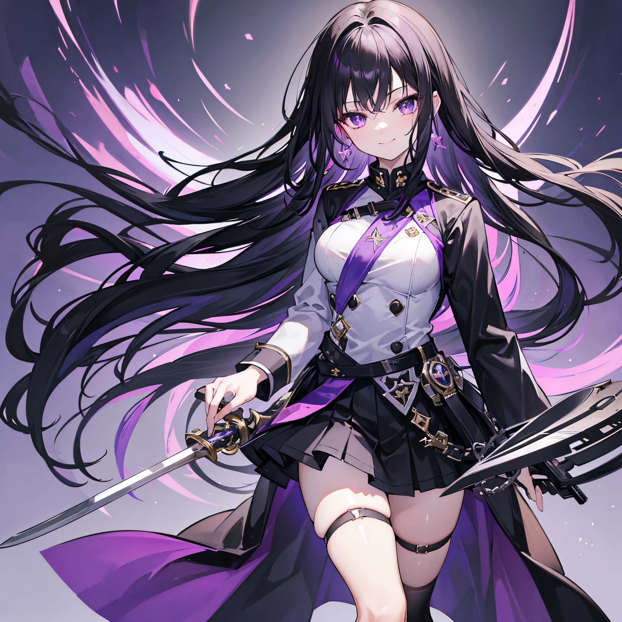 Black hair, purple eyes, long hair, beautiful female, smile, black uniform, intricate skirt, black skirt, black knee socks, sword in right hand