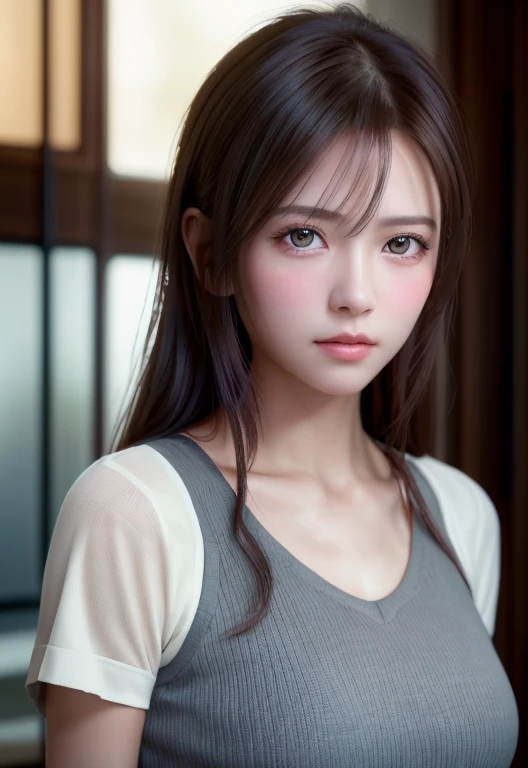 8K, of the highest quality, masutepiece:1.2), (Realistic, Photorealsitic:1.37), of the highest quality, masutepiece, Beautiful young woman, Pensive expression, Gentle eyes, Lovers、Hair tied back, Messy mood, Cinematic background,  Light skin tone