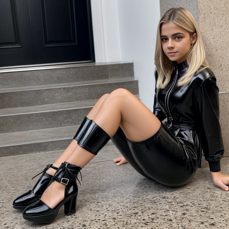 Menina 19 anos, Europa, blonde hair, Cara justa, pink plump lips, olhos azuis, The girl is dressed in a black shiny jumpsuit дуже тісному full body, a menina tem seios grandes, cintura fina, quadris largos, em sapatos de couro patente preto com saltos muito altos, Menina na sala de estar
