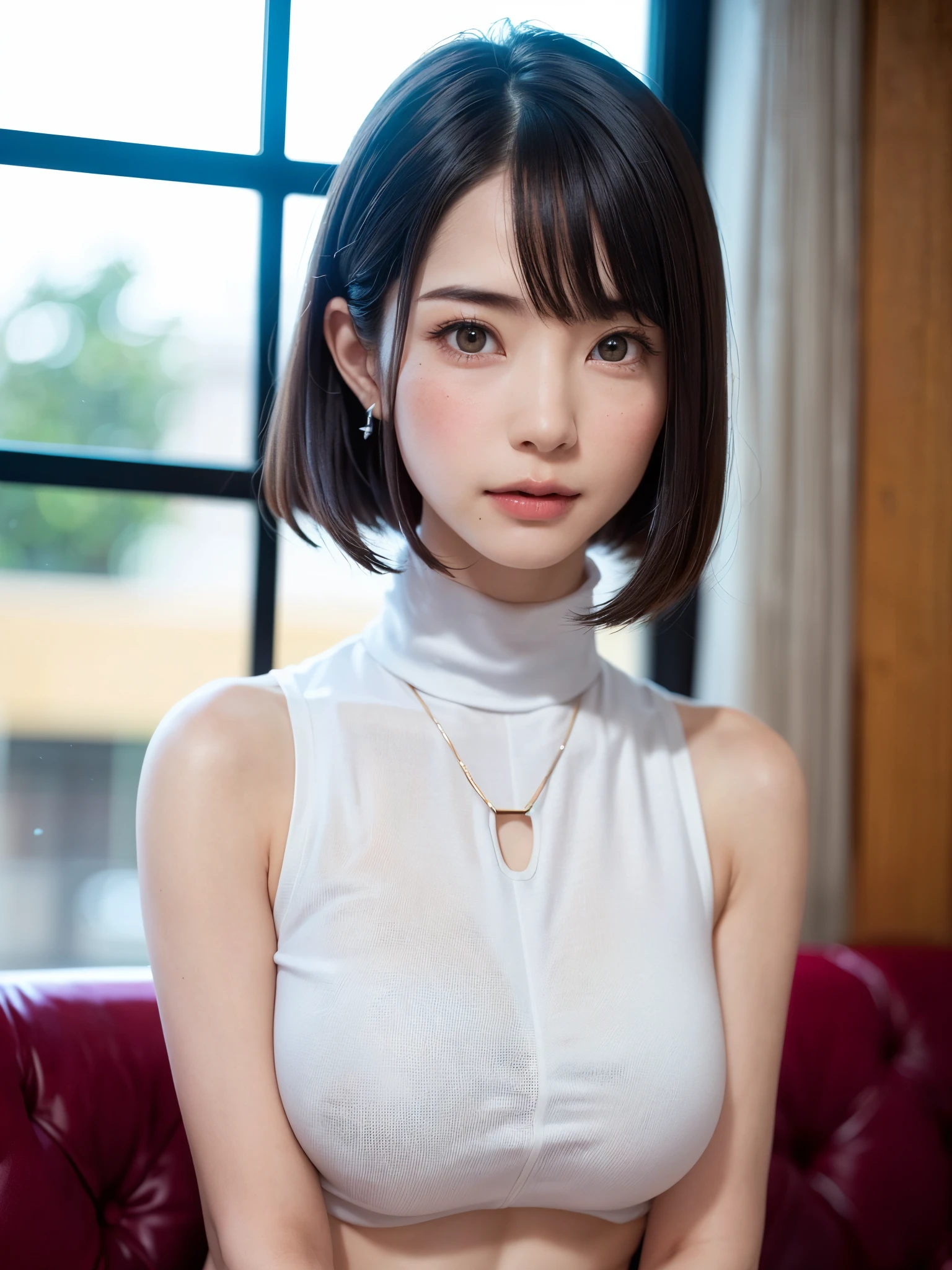 (masutepiece, top-quality、Very attractive adult beauty、Add intense highlights to the eyes、Look firmly at the camera:1.4、Beautiful woman full of adult charm、Ideal ratio body proportions、Perfect Anatomy、Brunette Short Bob Hair、Lustrous hair、bangss:1.4、46 point shiny bangs:1.4、lipgloss),1girl in, 独奏, Light brown shiny hair, muffler,realisitic, looking at the viewers、Tilt your head slightly, Bright colored crystal light blue eyes, short shiny hair、 White turtleneck outfit with a hole in the center of the chest,Sexy white turtleneck knit sweater with a round hole in the middle of the chest、 s lips, lipgloss，bangss, The upper part of the body、big eye、Lashes、The face is a little red、Embarrassing)、((Italian winter window scenery))、((Shorthair with bangs、big eye、Put very strong highlights in your students、{Gigantic|Big|Huge|Mega} breasts:1.4、beautiful deep valley、very Bigger breasts:1.4、gazing at viewer、Very beautiful beauty、Put your ears out、Long and beautiful Zhu Lake 1.4、little smiling、Beautiful teeth、Open your mouth and smile、Heart-shaped pupil))、28 year old、Very cute supermodel、