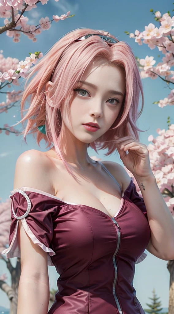 young woman, porcelain skin, long bubblegum pink hair, big pink lips, big emerald green eyes, pink eyebrows, red clothes, Sakura Haruno, 3d, realism, 8k