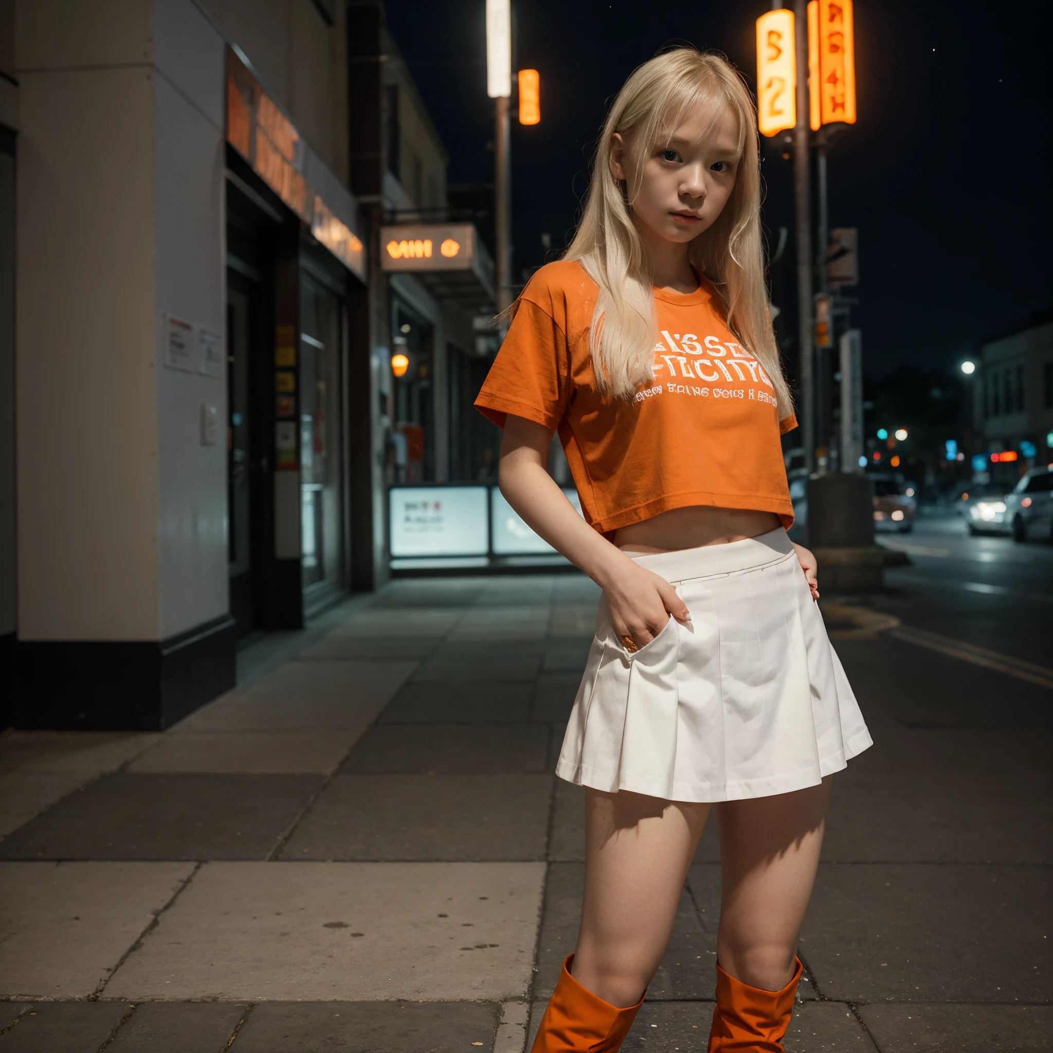 ((best quality)), ((masterpiece)), (detailed), perfect face, young girl, albino, short stature, Asian, holds her left hand on her hip, straight hair to the hip, white sports skirt, orange T-shirt, white and orange boots, night city