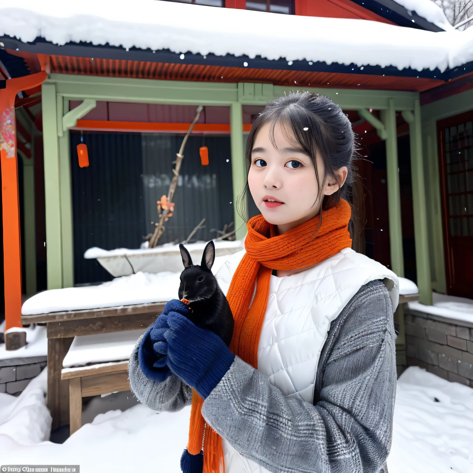 In a courtyard house in Beijing，A girl in red is making a snowman in the yard，The snowman has hands made of branches glued to its sides..&#39;body.，oda&#39;Carrot stuck in my nose，A blue scarf wrapped around the neck，The eyes are two black stones，A black rabbit is giving a carrot to the girl