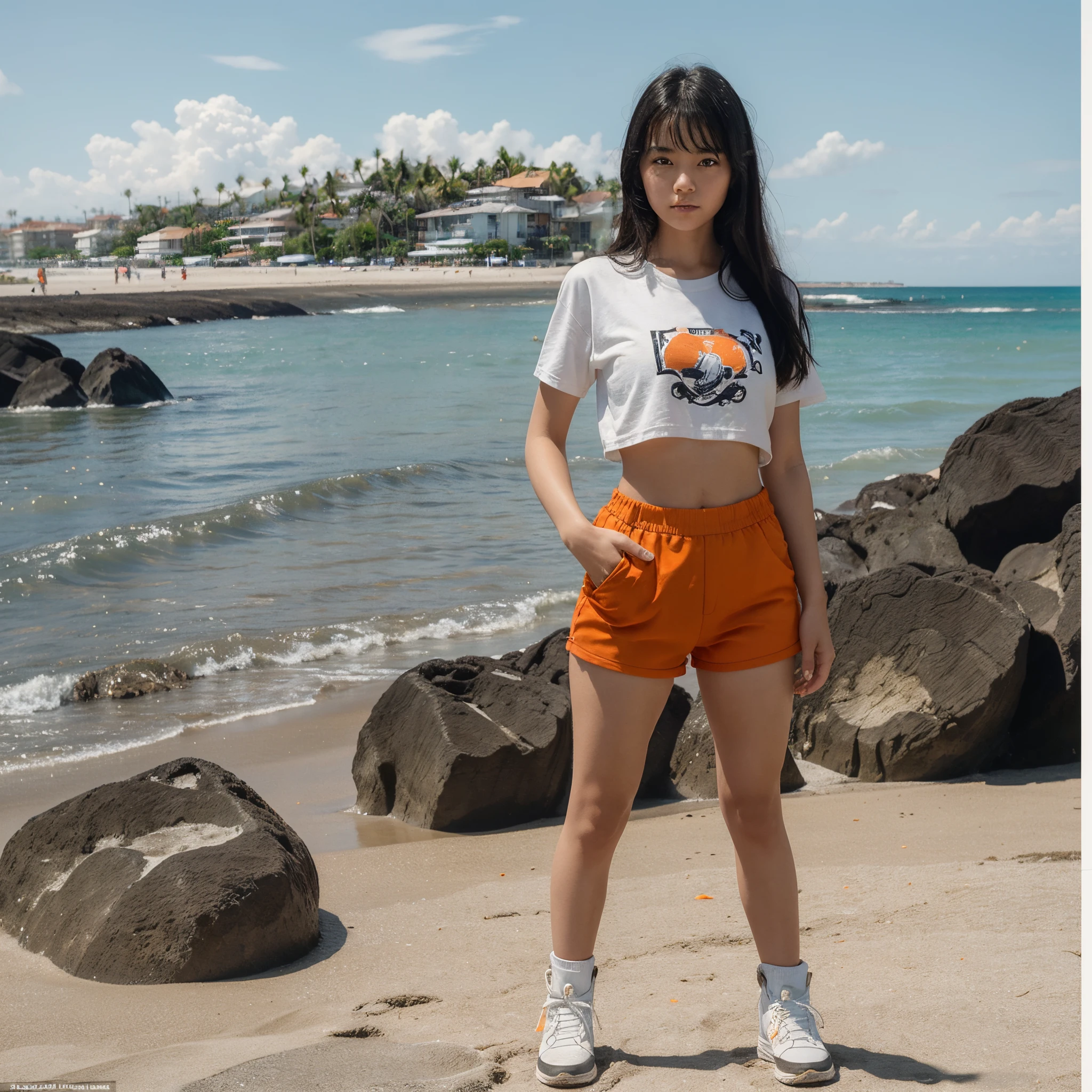 ((best quality)), ((masterpiece)), (detailed), young girl, Mongoloid, stands at full height, holds her left hand on her hip, black straight hair to the hip, short stature, white sports shorts, orange T-shirt, white and orange boots, against the backdrop of the city near the beach, black sand