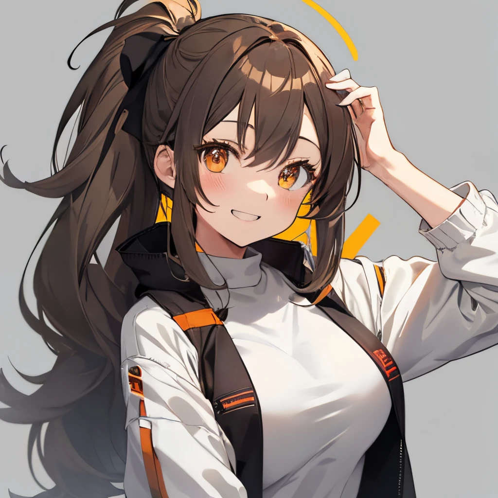 【Highest Quality, masutepiece】 [girl, Manteau, expressioness,deep orange eyes, front facing,dark brown hair,long ponytail hair,very yellow knit cloth, Upper body] (Gray white background:1.5),very happy smile,boobs,