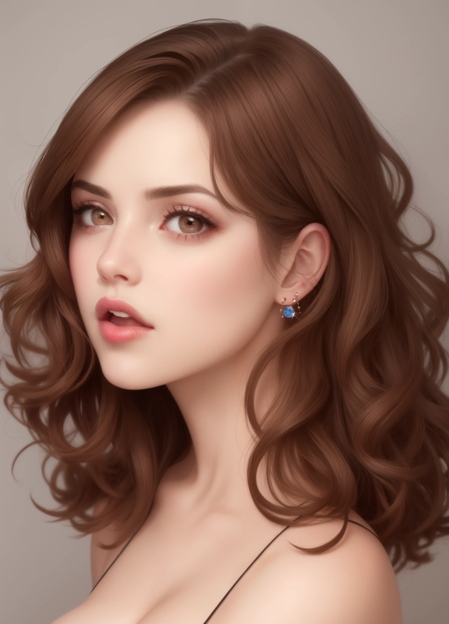 Girl with short, wavy brown hair and amber eyes. , piercing en los labios y con expresiones coquetas besando al  chico del cabello largo mediano,  apenas rozando la base del cuello, de cabellera rojizs, ojos color avellana, mientras el la toma del pecho con rostros exhautos y rojos, nsfw