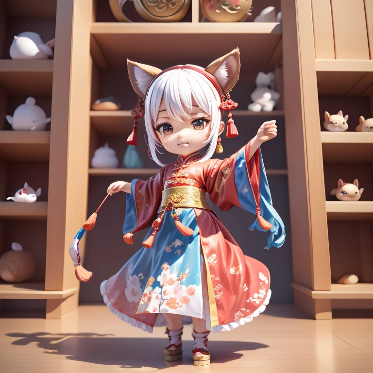 Cute animals dressed in traditional Ming dynasty Chinese silk clothing,电影灯光,chineseZodiac,China-style,Clean white background,Premium color,Full body 3D model,Sichuan Sichuan Opera cultural elements,action,Stylish blind box toy。(fill body:1.2),chibi,--Style performance --AR 3:4 --Style performance --upbeta --Niji 5