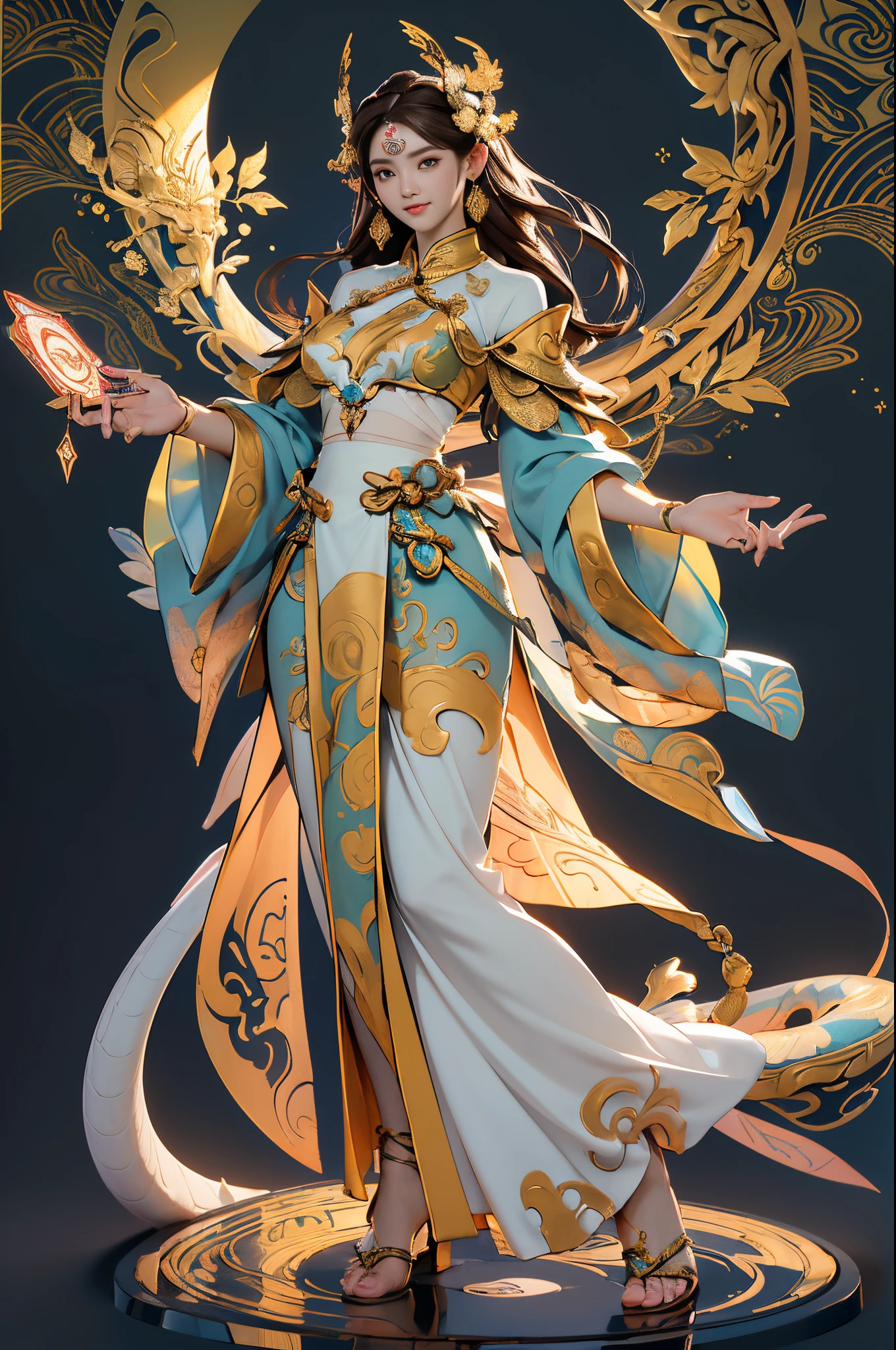 ((Sculpture design)),((full body portrait of person)),((undying)),((tmasterpiece)),(entire body image:1.6,fully body photo:1.6,From the feet to the top of the head:1.6),【Create a LOGO based on:femele(Nu wa),(Human snake tail goddess:1.5),(The lower body is a snake-shaped tail:1.6),(Chinese mythology),(Goddess Fan),(jessicaalba:1.4),(gentleness),(motherly),(mature),(Perfect woman),(Brown hair long:1.4),big earrings,graceful stance,Dunhuang clothes,Dunhuang skirt,((Delicate and intricate headdress)),((symbol of god)),Great Wilderness East Meridian:0.4】,((tangled,datura,Tangles,entangled)),(Computer graphic arts:1.4), (s fractal art: 1.3),(( Best quality,32K,Highest resolution,hyper HD,)), (( Professional Quality,Perfect photography, Ray traching, perfect volumetric lighting, High quality octane rendering, High quality vectors)), ((Complicated details,hyper-detailing:1.2,Complicated details:1.2)), ((ultra real photo,フォトリアリスティック,3 Rendering)),((epic image)),(Blind box toy style:1.5),((simple backgound,Deep dark background:1.2,with black background)),Detailed faces, 詳細な目,Clean the skin,(correct hand:1.6),(Complete and beautiful five fingers:1.6),(anatomically correct limbs:1.5),(Anatomically correct perspective and occlusion:1.5),(Correct ???????:1.5),(Add a base:1.6),(Create a logo according to the:1.6),((Create a logo according to the:water element and earth element)),((Less skin exposure)),