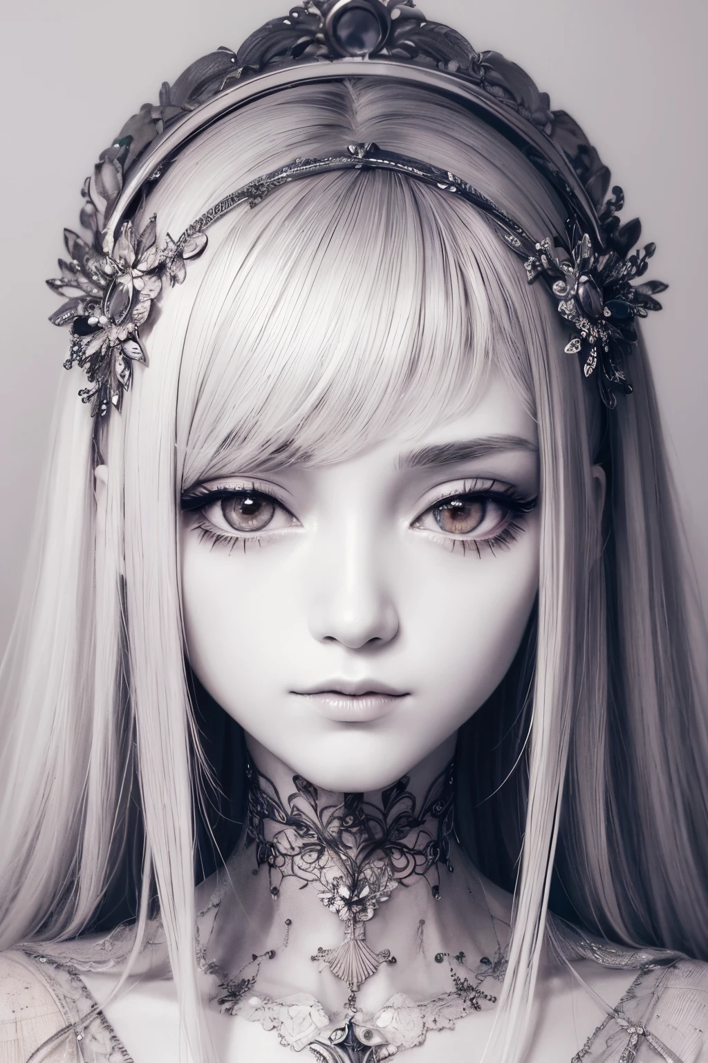 Watercolor art, Accurate and delicate line drawing, femele, monochromes, Beautiful and delicate, art by, The 8k quality, masutepiece, Fantastical, up of face, Beautiful skins, long lashes, Double eyelids, big eye, hightquality, Detailed eyes, tthin eyebrows, Put your hands on your face,