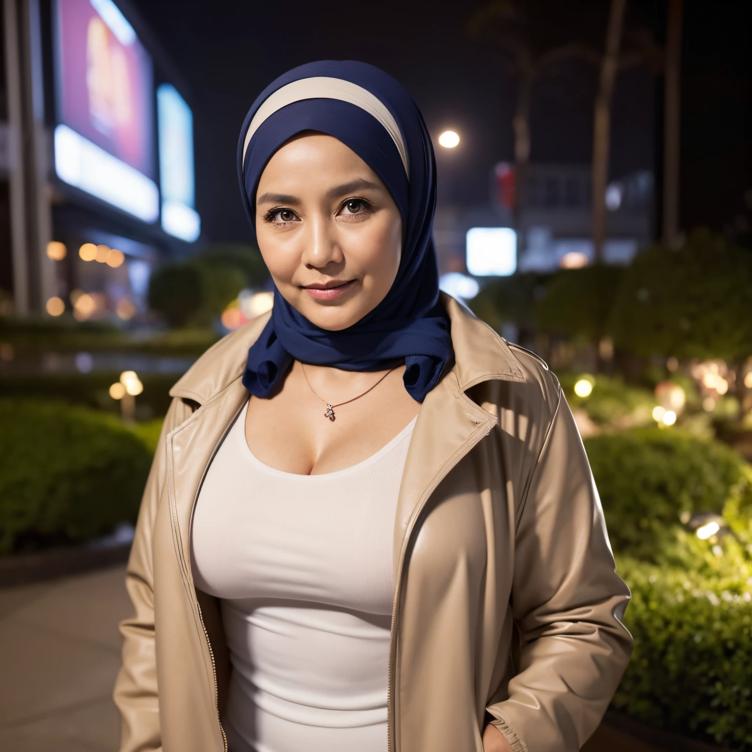 58 Years old, Indonesian mature woman, wearing Wide Hijab, perfect curvy body, natural Gigantic breast : 66.9, gorgeous eyes, Soft smile, wear a unzipped Jacket, No Wearing Bra, necklace, hairband, Breast about to burst Out, Nightime walk, City garden, Excellent lighting, Light colors, Clean lines
