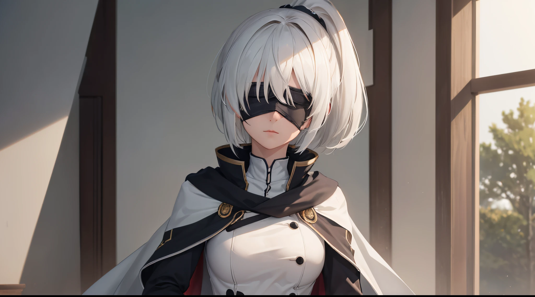(extremely detailed CG unity 8k wallpaper), (masterpiece), (best quality), (ultra-detailed), (best illustration), (best shadow), (absurdres), 2b, 1girl, short hair, short ponytail, normal size boobs, white hair, blindfold solo, Intimidating women, admiral uniform, night, hero pose, white clothes, General Uniform, Military Uniform, Sunlight, exposed to sunlight,commander, cape, fighting, ((beautiful fantasy girl)), (Master Part: 1.2), Best Quality, High Resolution, photorealestic, photogenic, Unity 8k壁纸, perfect lighting, (perfect arms, perfect anatomy) beatiful face, intricate details, Detalhes realistas, the anime, The Perfect Girl, perfect details, Ultra HD |, 8K, Professional photo