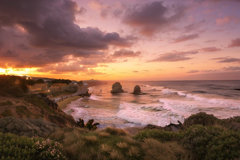 Seaside sunset，scenecy，truly，flower  sea，reef，evening light，spray