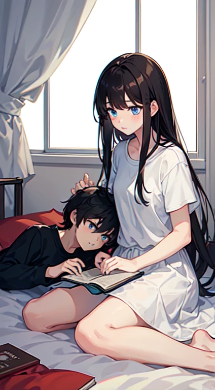 2person, 1girl, 1boy, laying on the bed, reading book together, book, Blue eyes, long brown hair girl, Best quality, Masterpiece, short black hair boy, front view